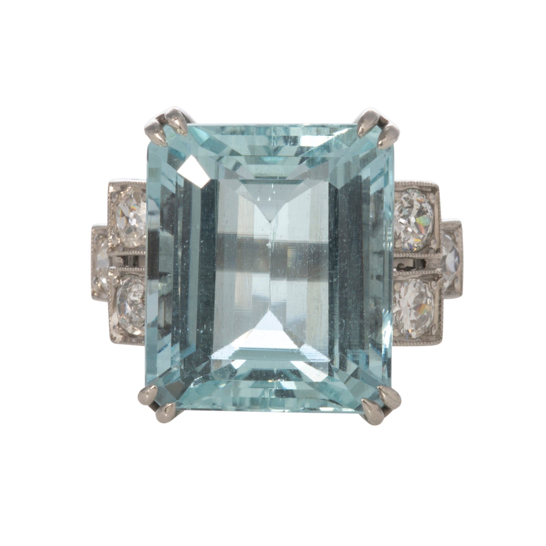 Estate 10.12ct Emerald Cut Aquamarine & Diamond Platinum Ring