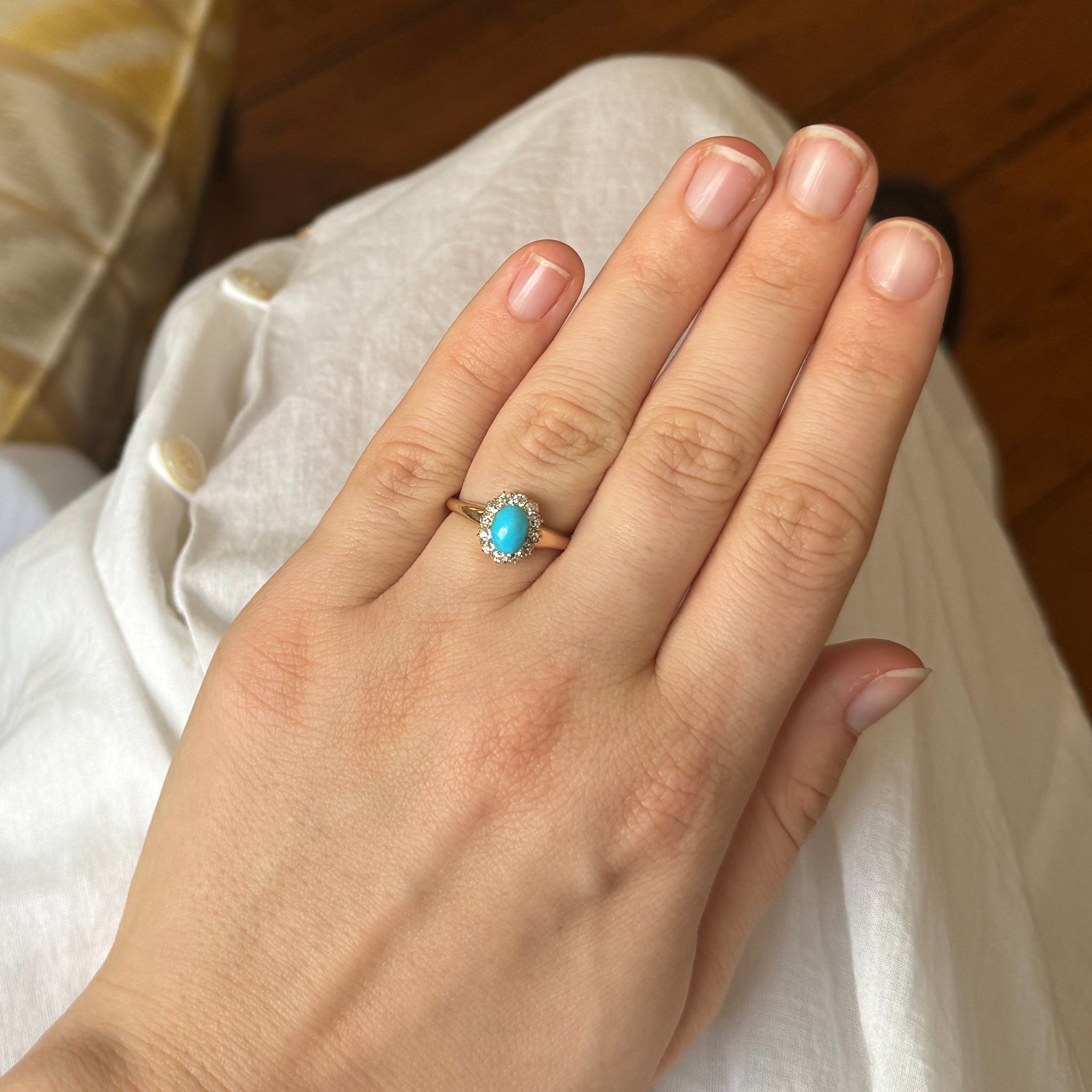 Victorian Turquoise & Diamond Cluster 18K Gold Ring