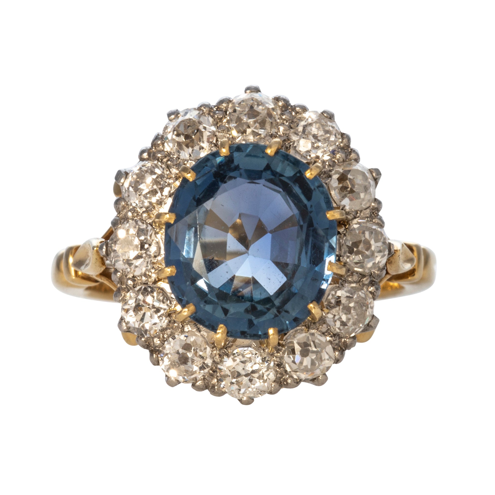 Victorian Style 3.85ct Oval Blue Sapphire & Diamond Cluster Ring