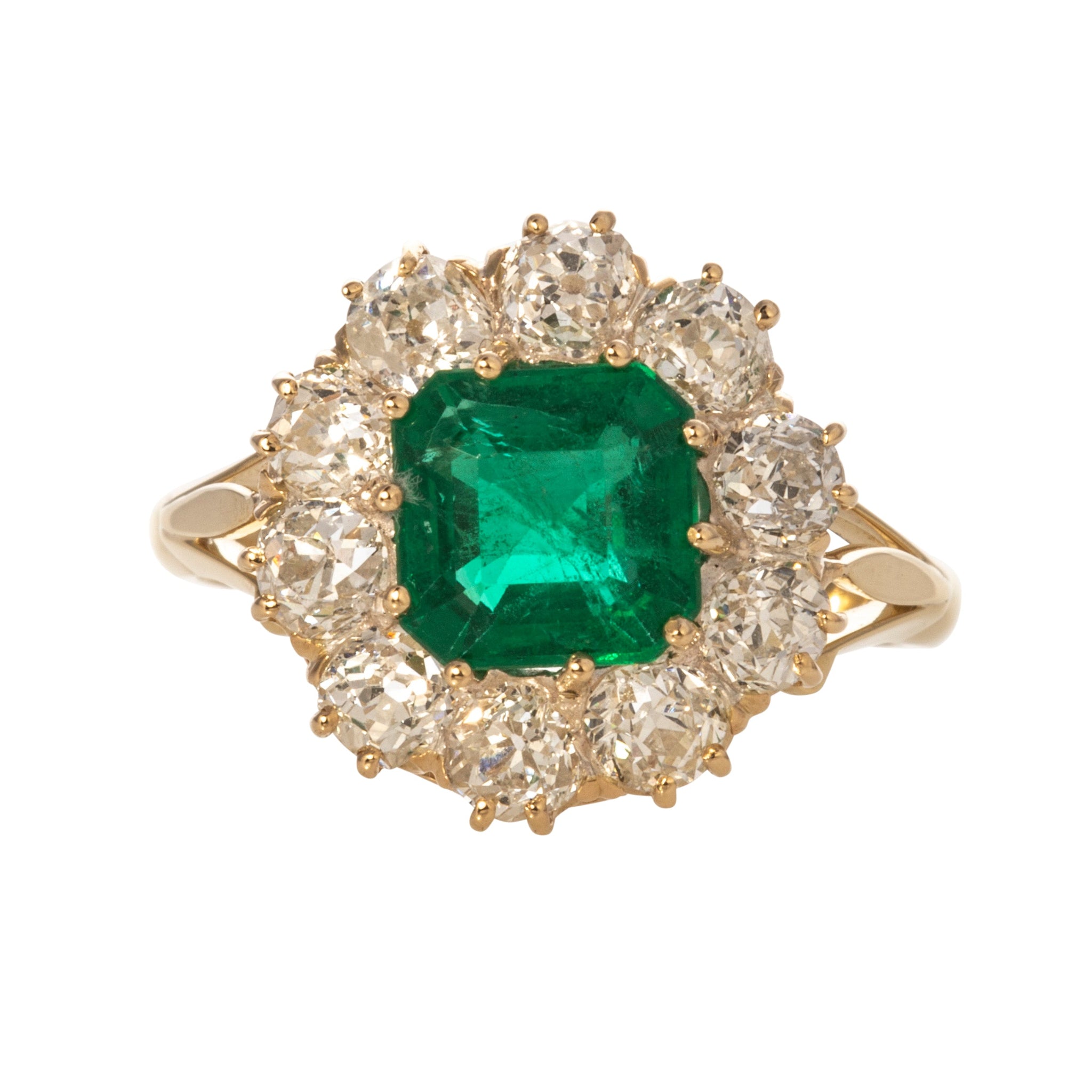 Victorian 1.70ct Square Emerald & Diamond Cluster 18K Gold Ring