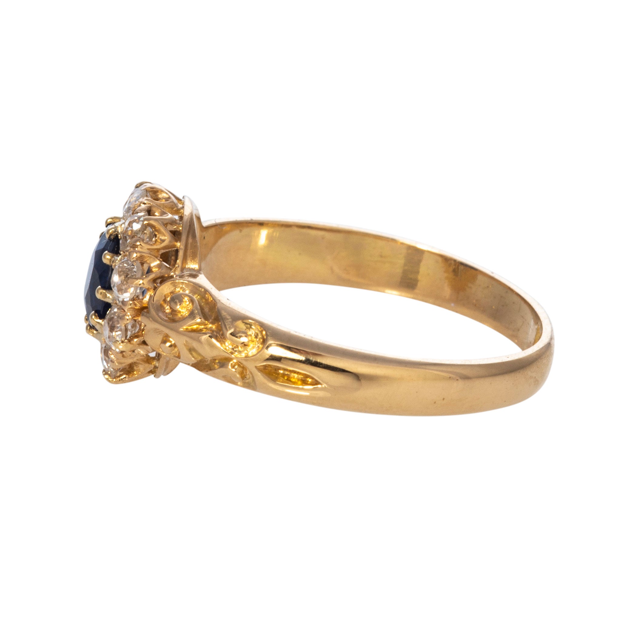 Victorian Sapphire & Diamond Cluster 18K Yellow Gold Ring