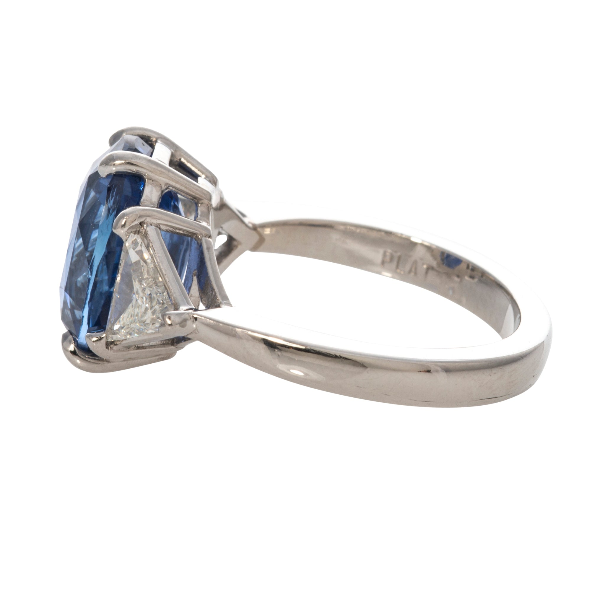 Estate 6.5ct Oval Sapphire & Trillion Diamond Three-Stone Platinum Ring