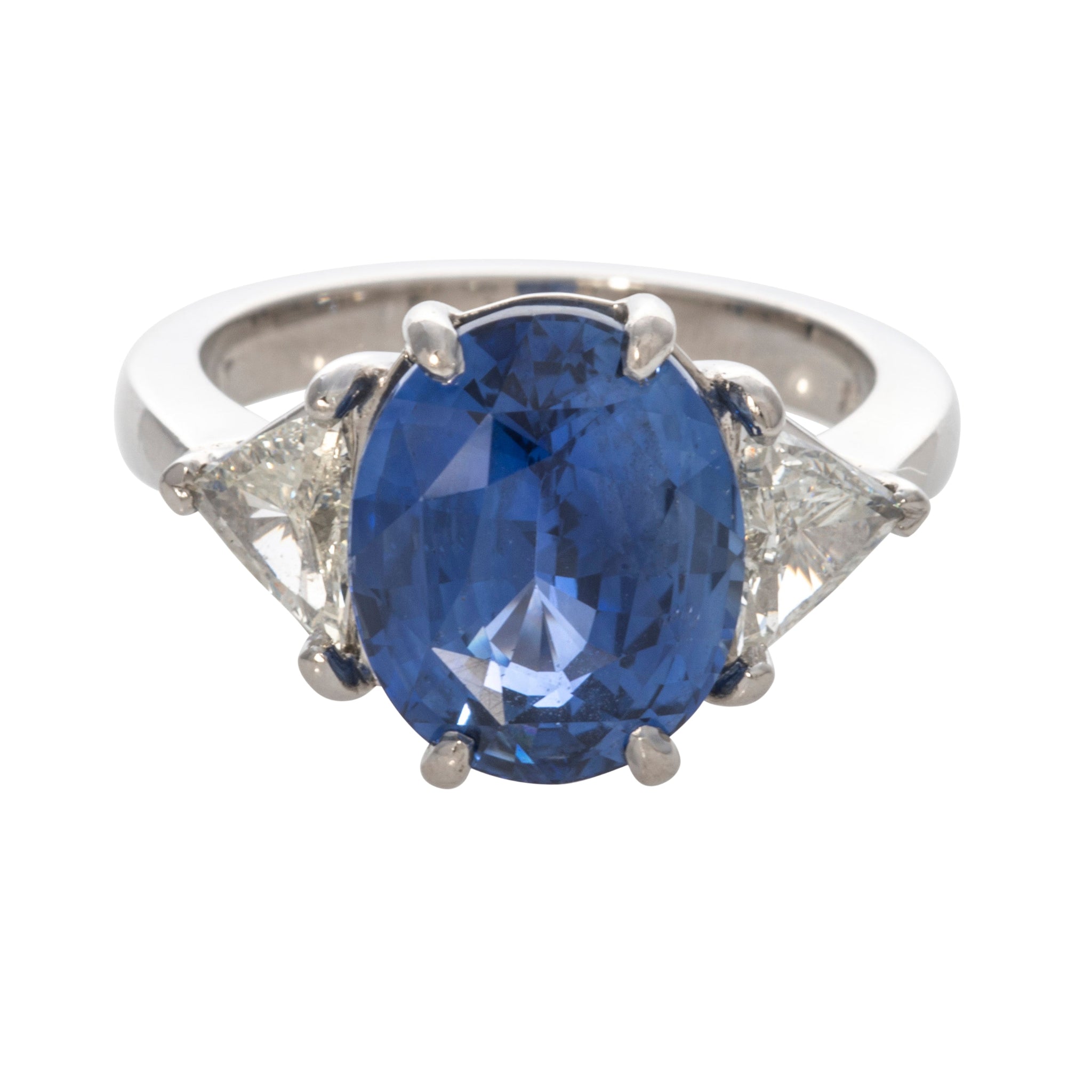 Estate 6.5ct Oval Sapphire & Trillion Diamond Three-Stone Platinum Ring