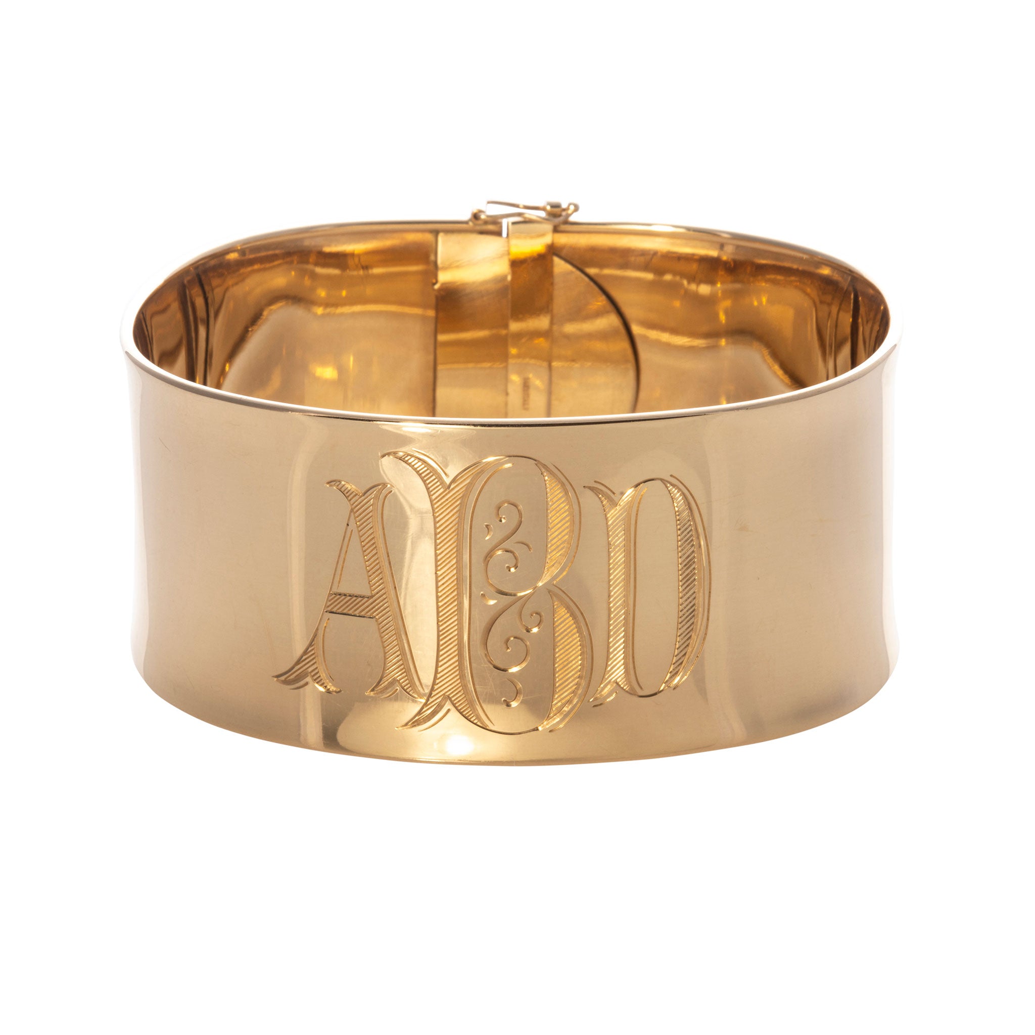 14K Gold Extra Wide Cuff Bangle hand engraved monogram style 218