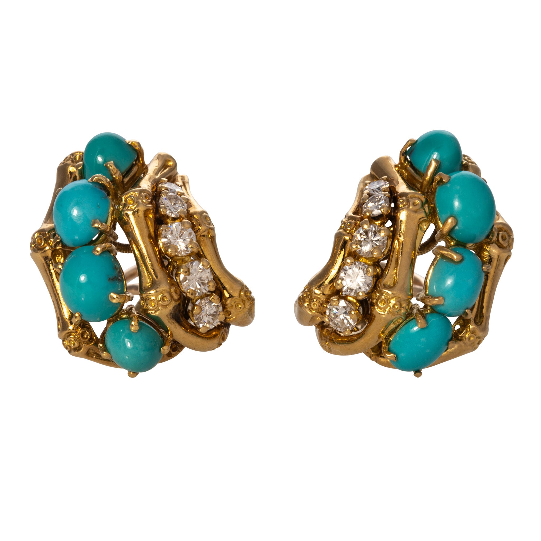 Estate Turquoise & Diamond 18K Gold Bamboo Clip On Earrings