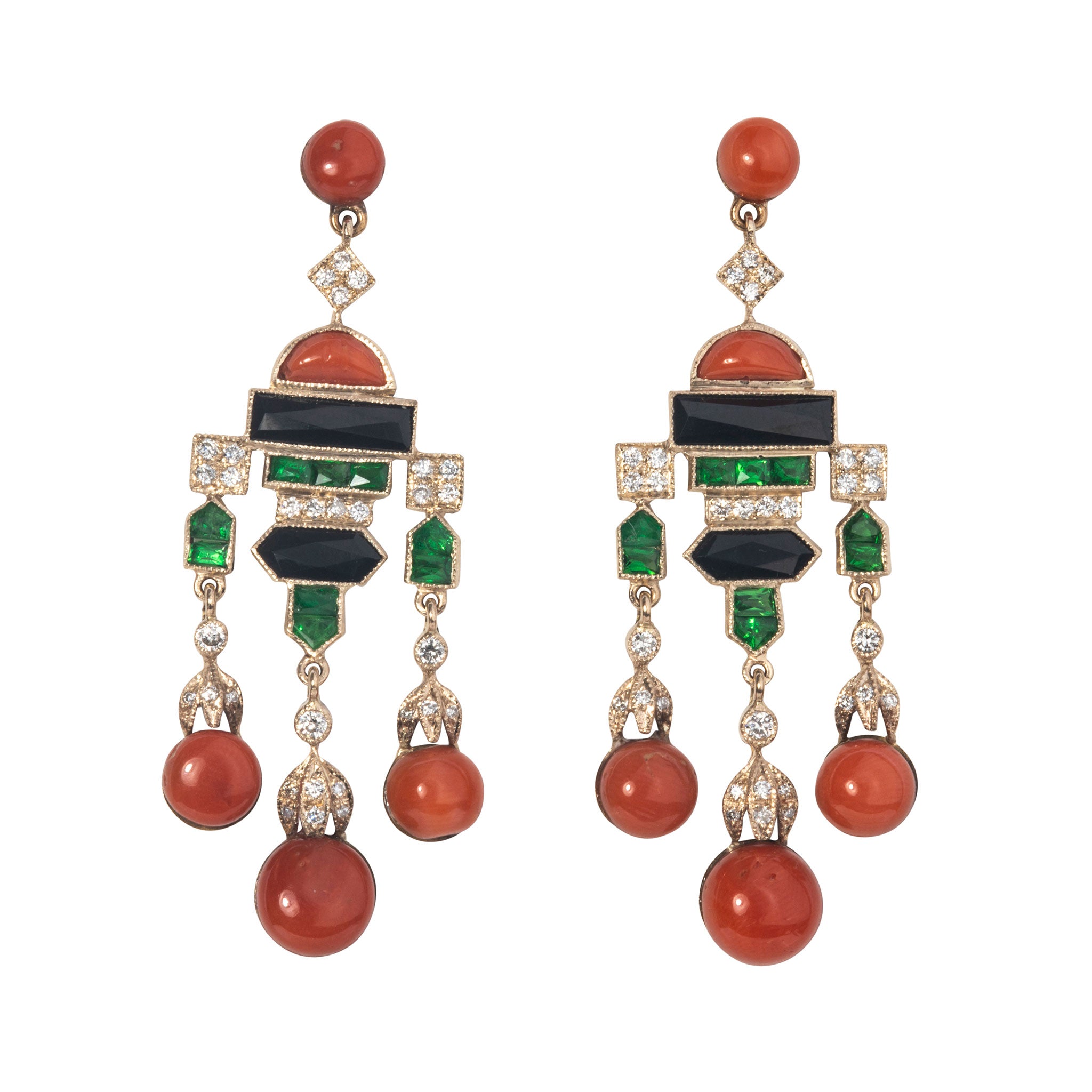 Art Deco Coral, Onyx & Diamond 18K Yellow Gold Drop Earrings