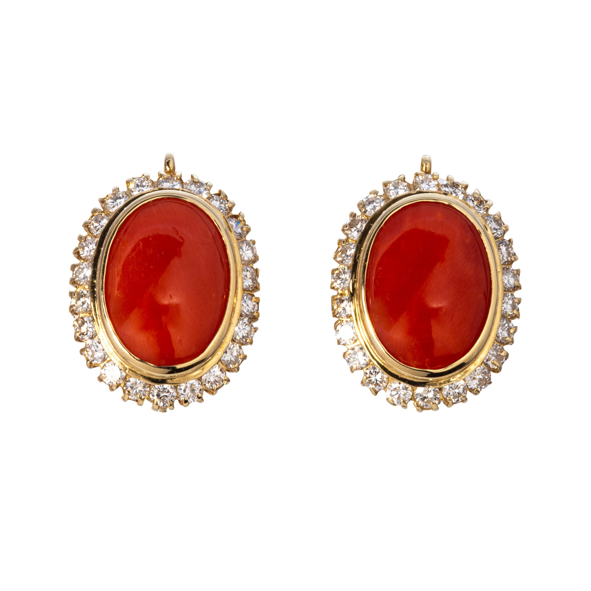 Estate Coral Cabochon & Diamond 18K Yellow Gold Earrings