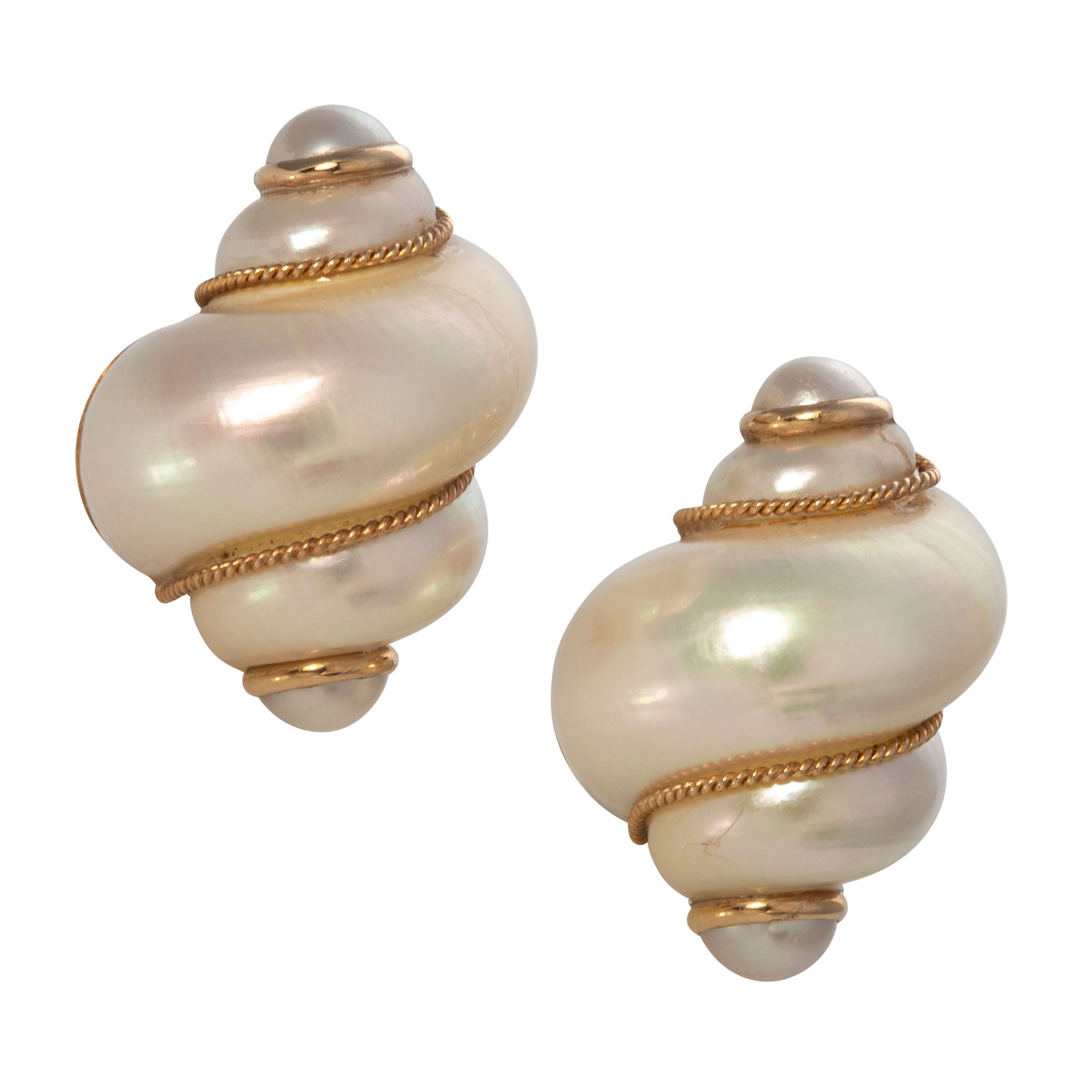 Estate Mazza Turbo Shell & Pearl 14K Gold Clip On Earrings