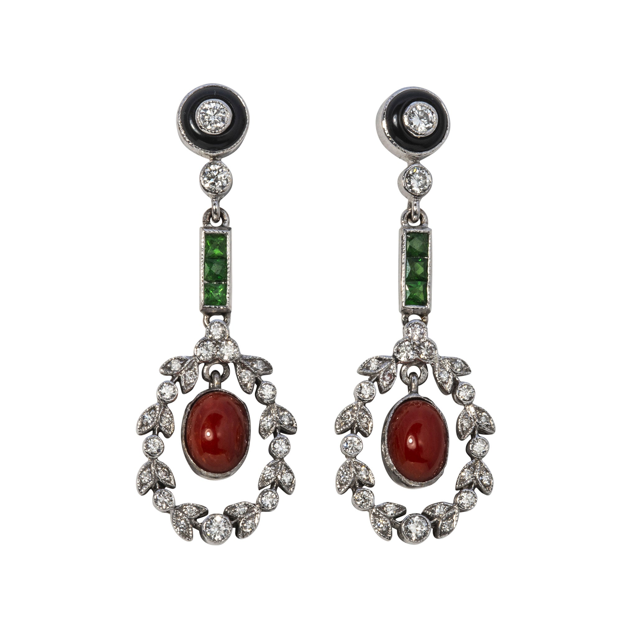 Art Deco Coral, Onyx, Emerald & Diamond 18K Gold Drop Earrings