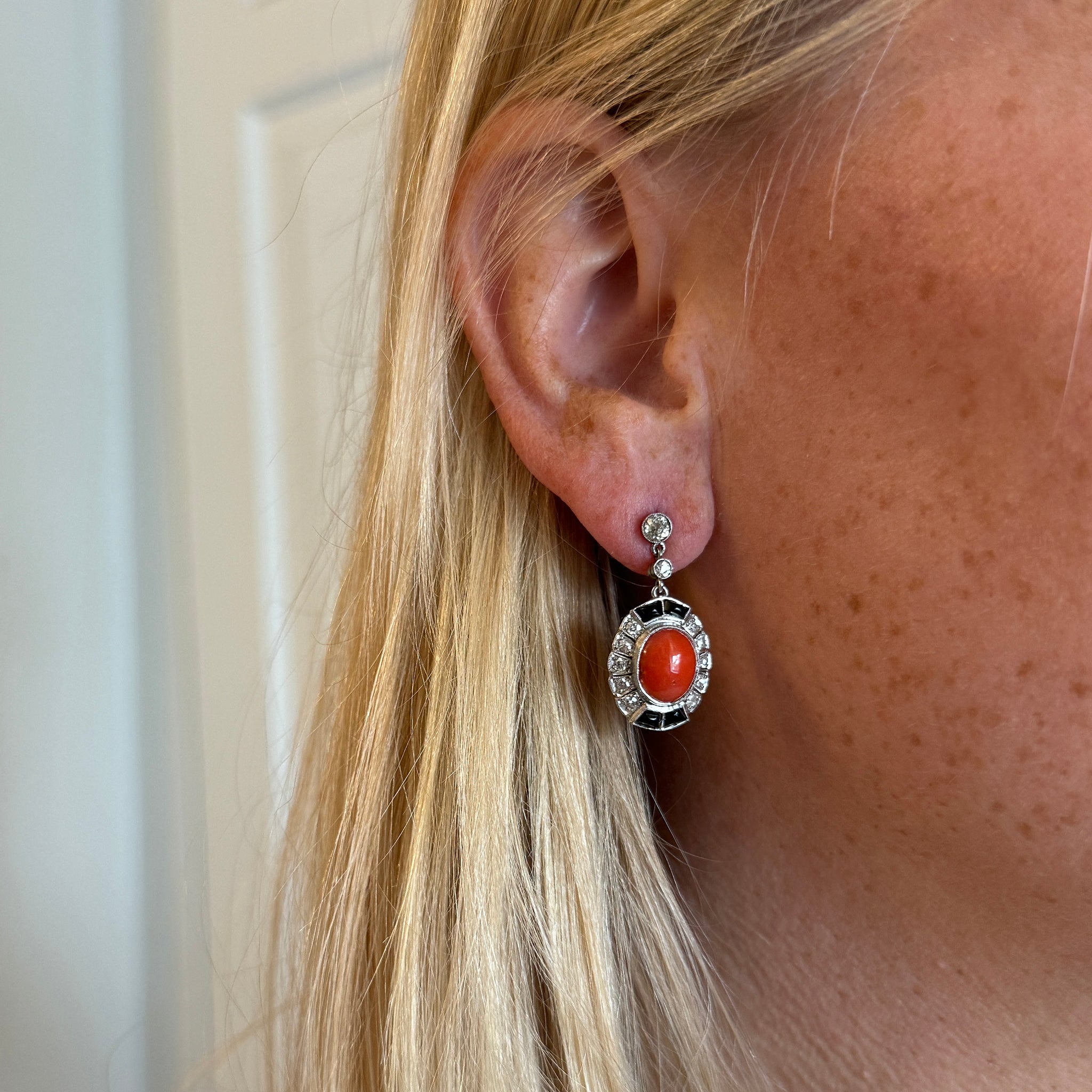 Art Deco Coral, Onyx & Diamond Platinum Drop Earrings