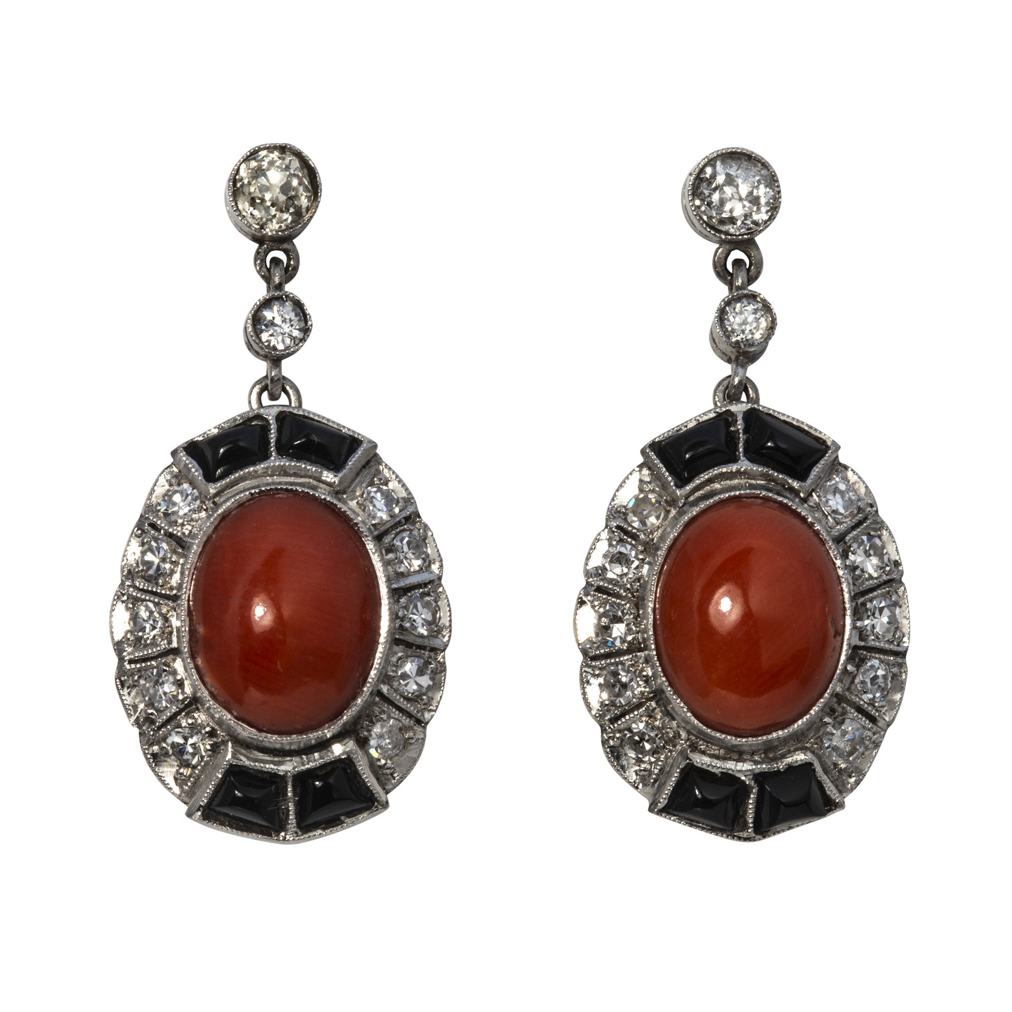 Art Deco Coral, Onyx & Diamond Platinum Drop Earrings