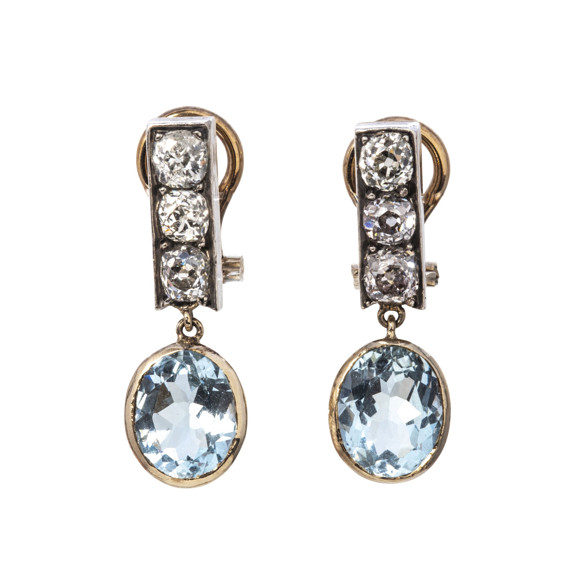 Victorian Oval Aquamarine & Diamond 18K Gold Silver Drop Earrings