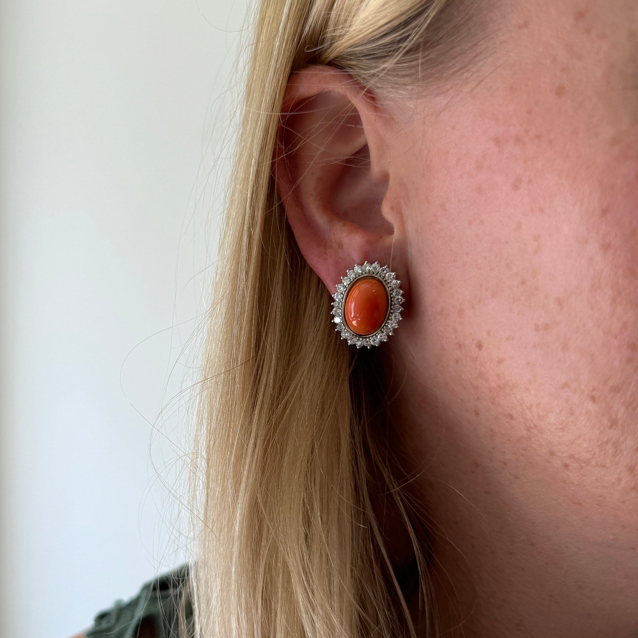 Estate Coral Cabochon & Diamond 14K Gold Earrings