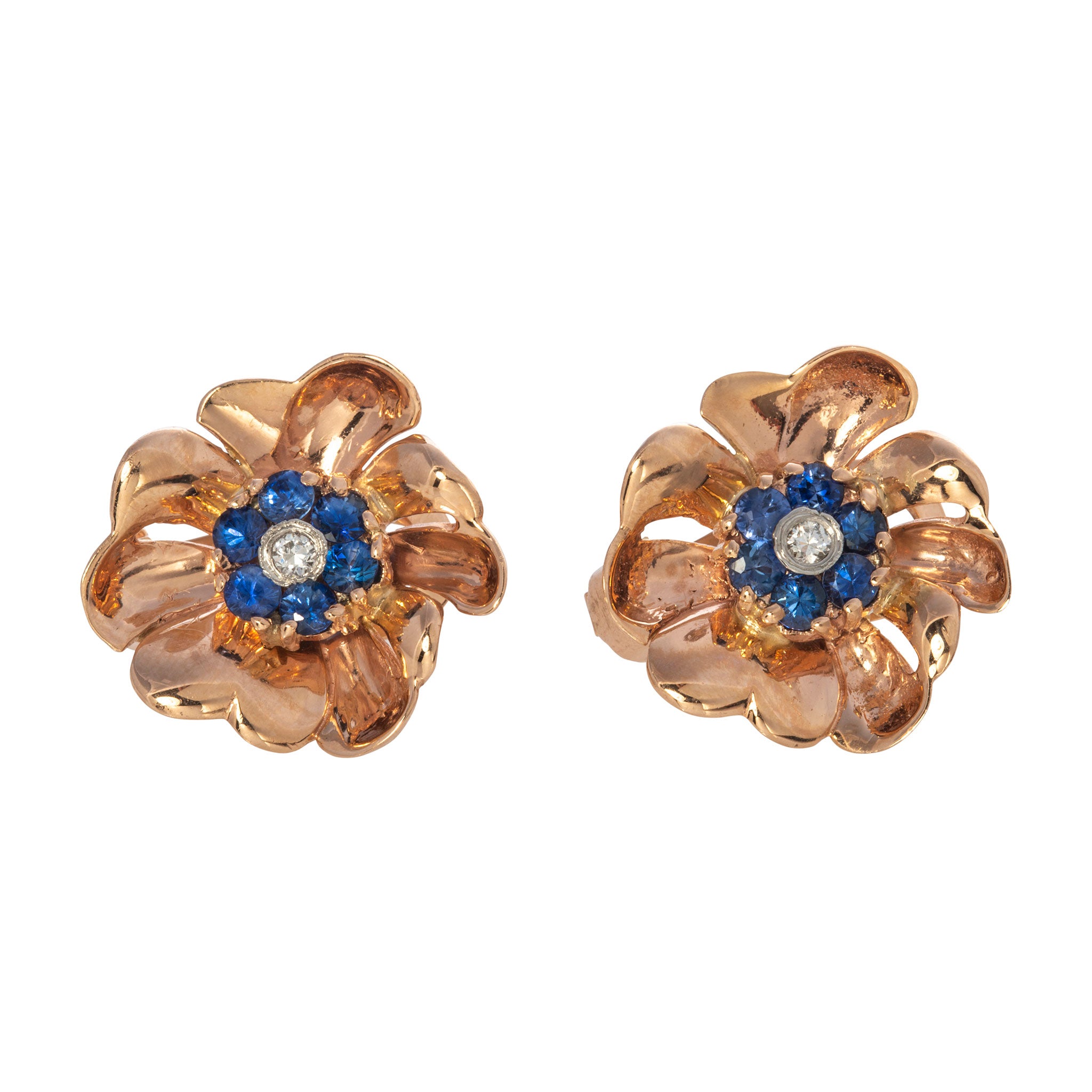 Vintage Sapphire & Diamond 14K Rose Gold Flower Earrings