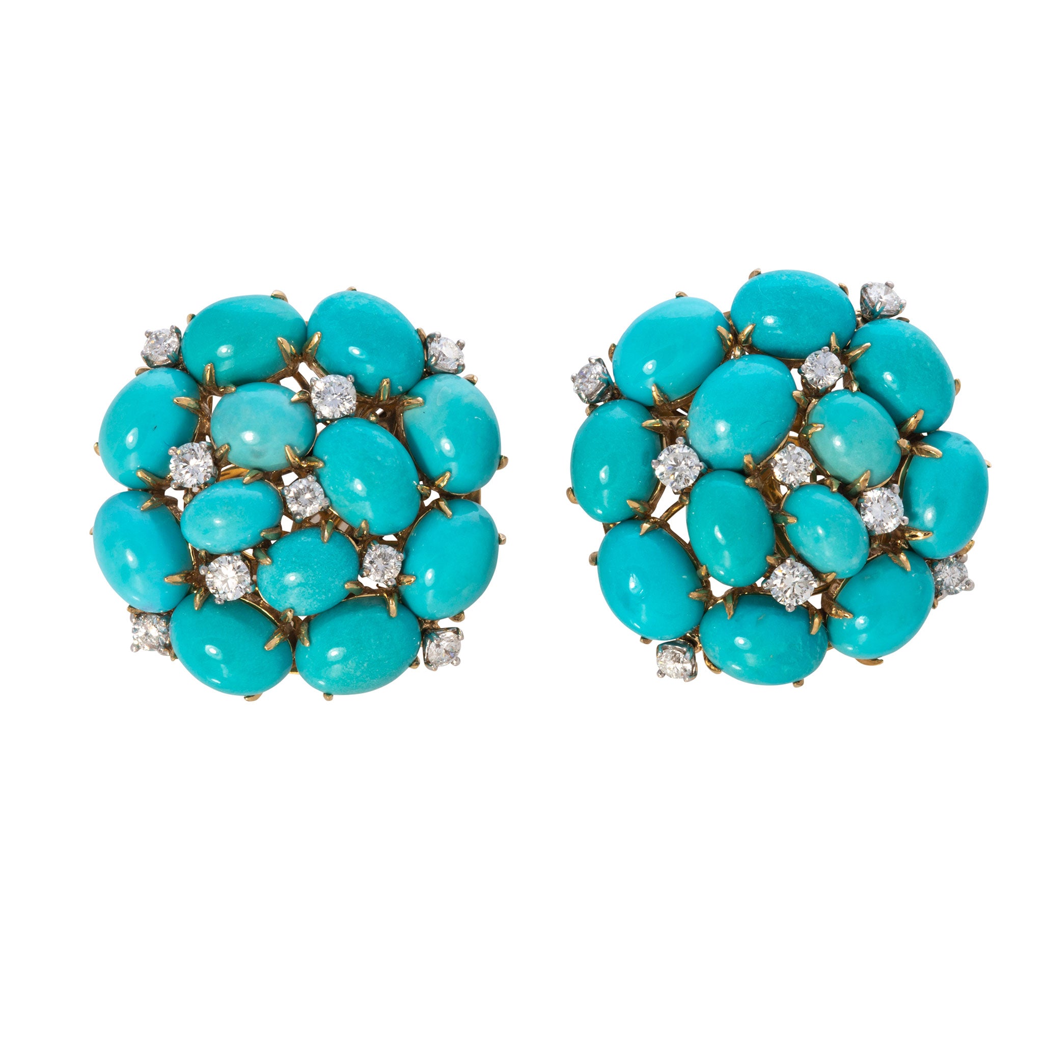 Vintage Turquoise & Diamond 18K Gold Clip-On Earrings