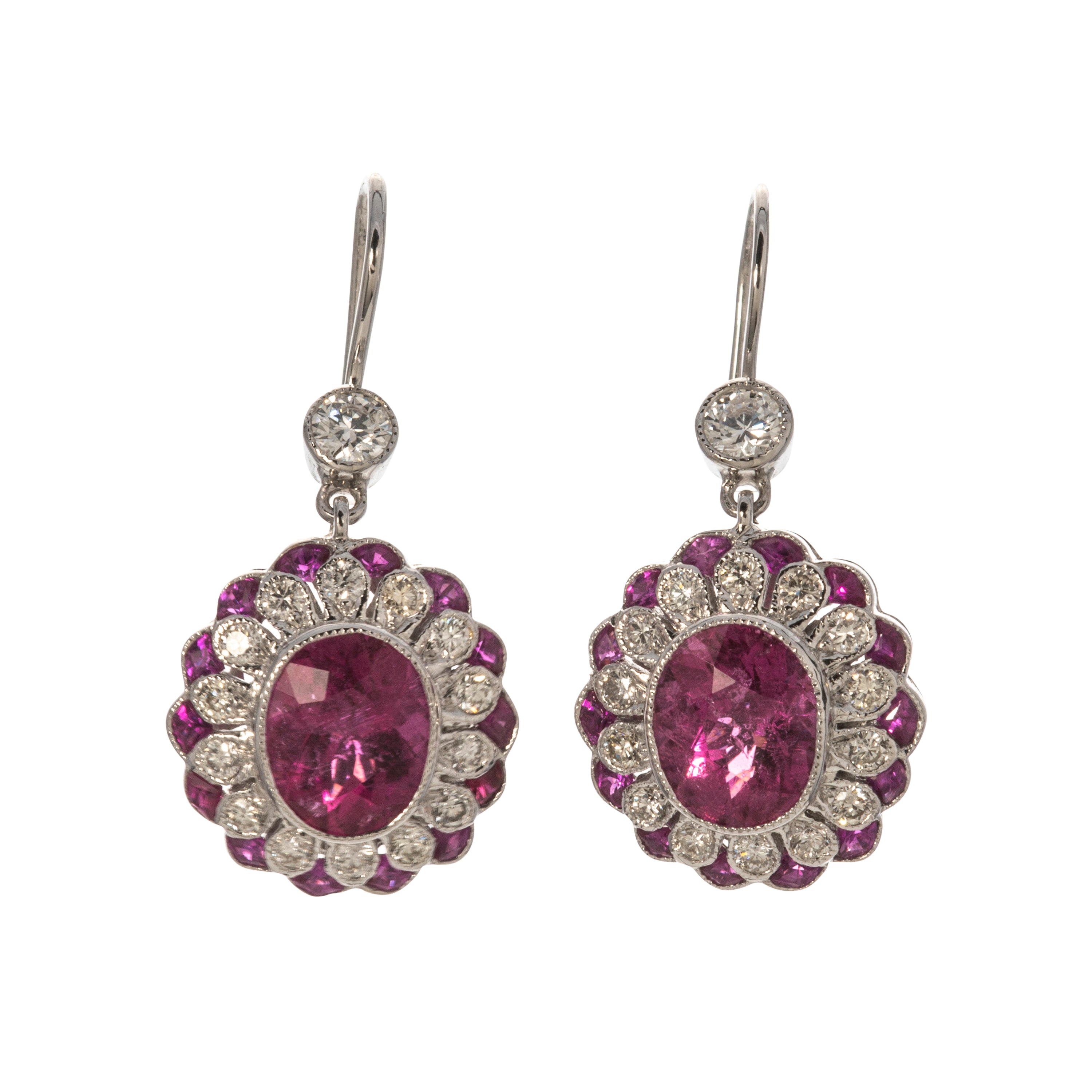 Estate 18K White Gold Rubellite & Diamond Drop Earrings