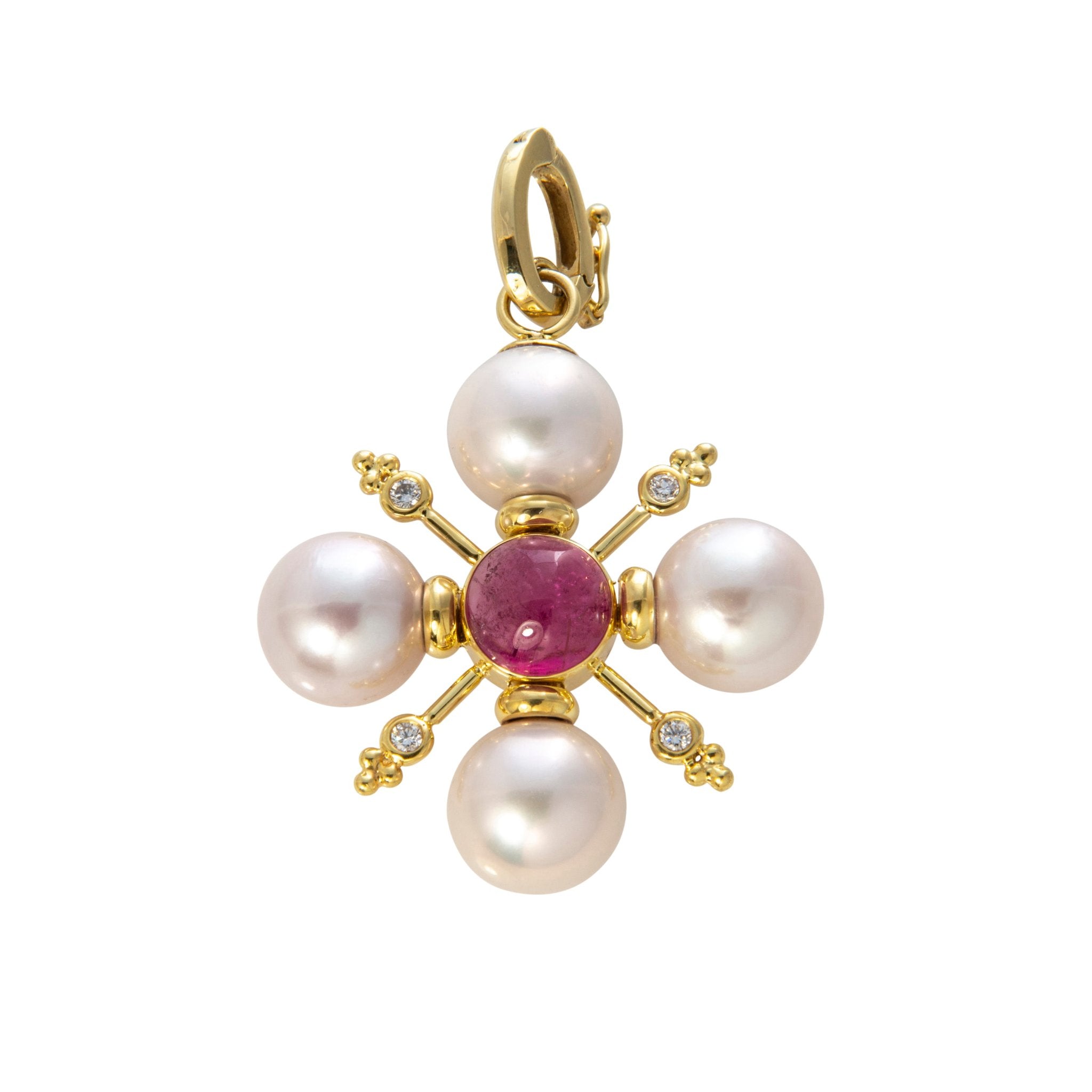 Mazza Pearl, Diamond, & Pink Tourmaline Cabochon 14K Gold Cross Pendant