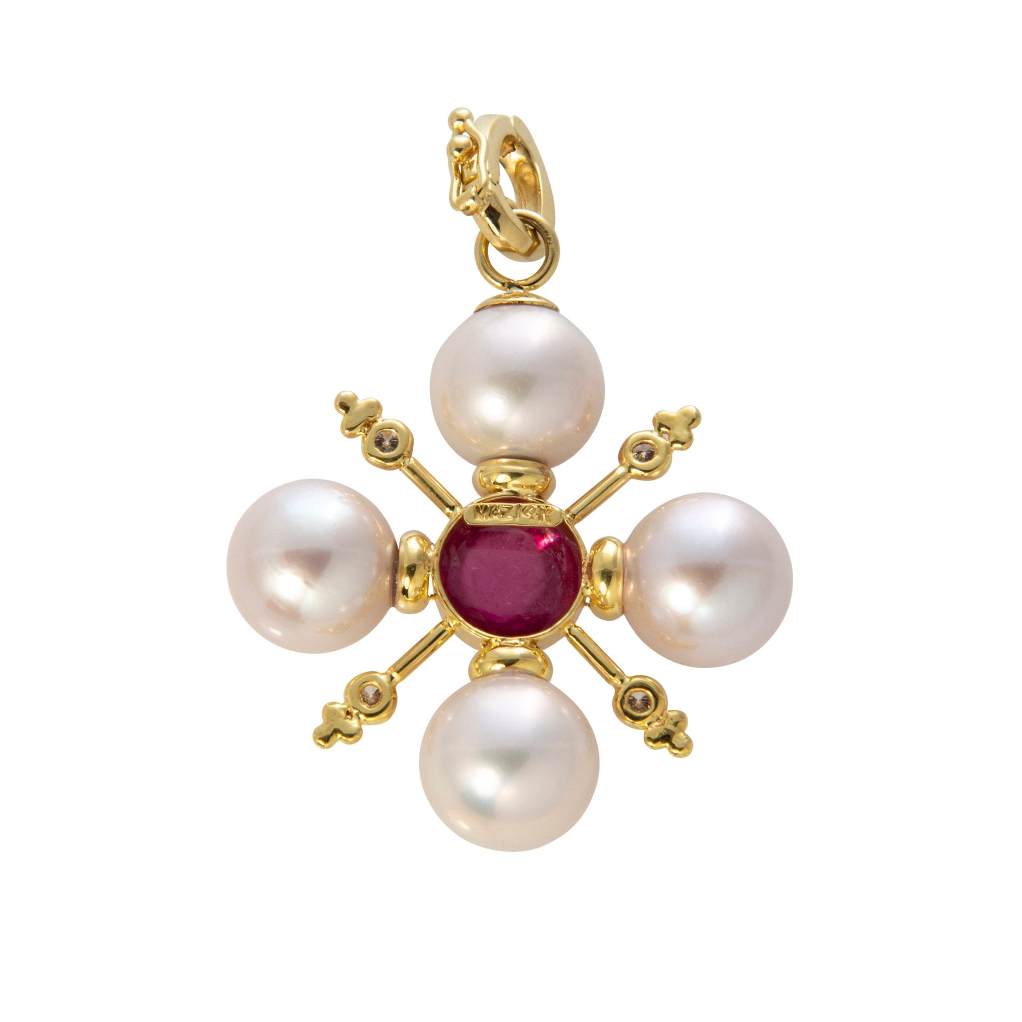 Mazza Pearl, Diamond, & Pink Tourmaline Cabochon 14K Gold Cross Pendant