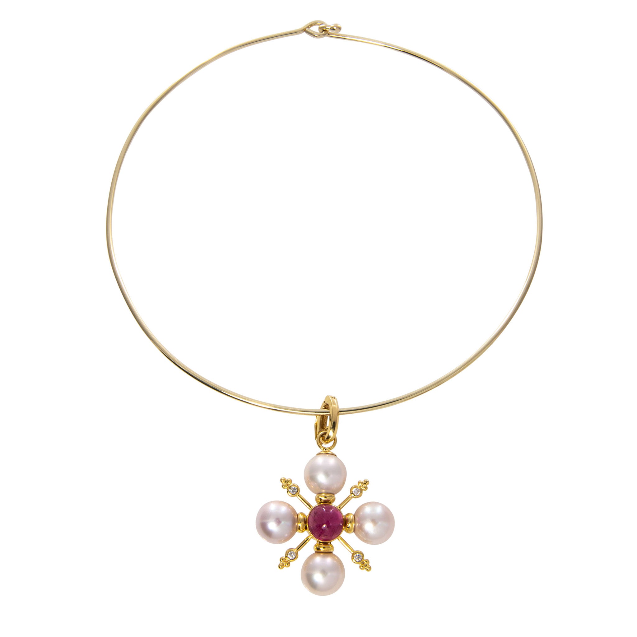 Mazza Pink Tourmaline, Diamond & Pearl 14K Gold Cross Pendant, Mazza 14K Yellow Gold 2mm Wire Collar Necklace