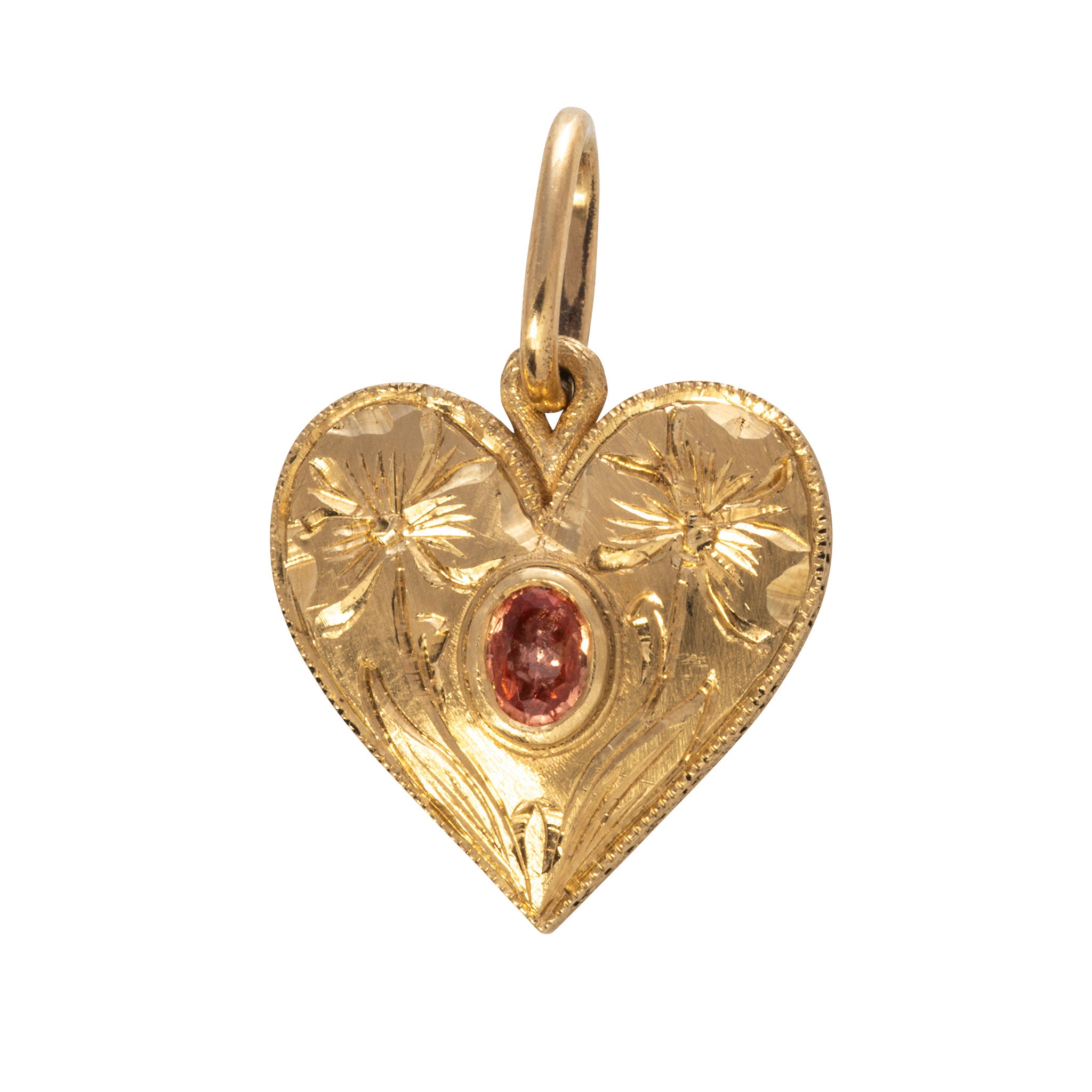 Erica Molinari 18K Gold Hand Engraved Medium Heart Pink Sapphire Charm