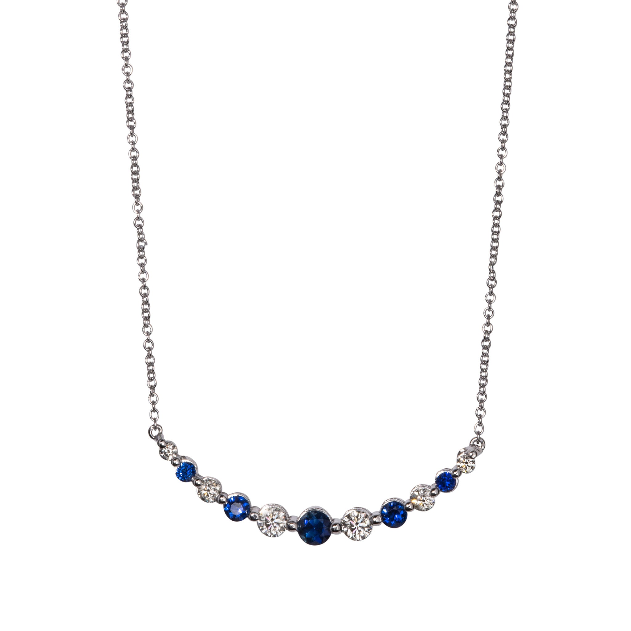 Graduated Sapphire & Diamond Cruved Bar 14K Gold Necklace