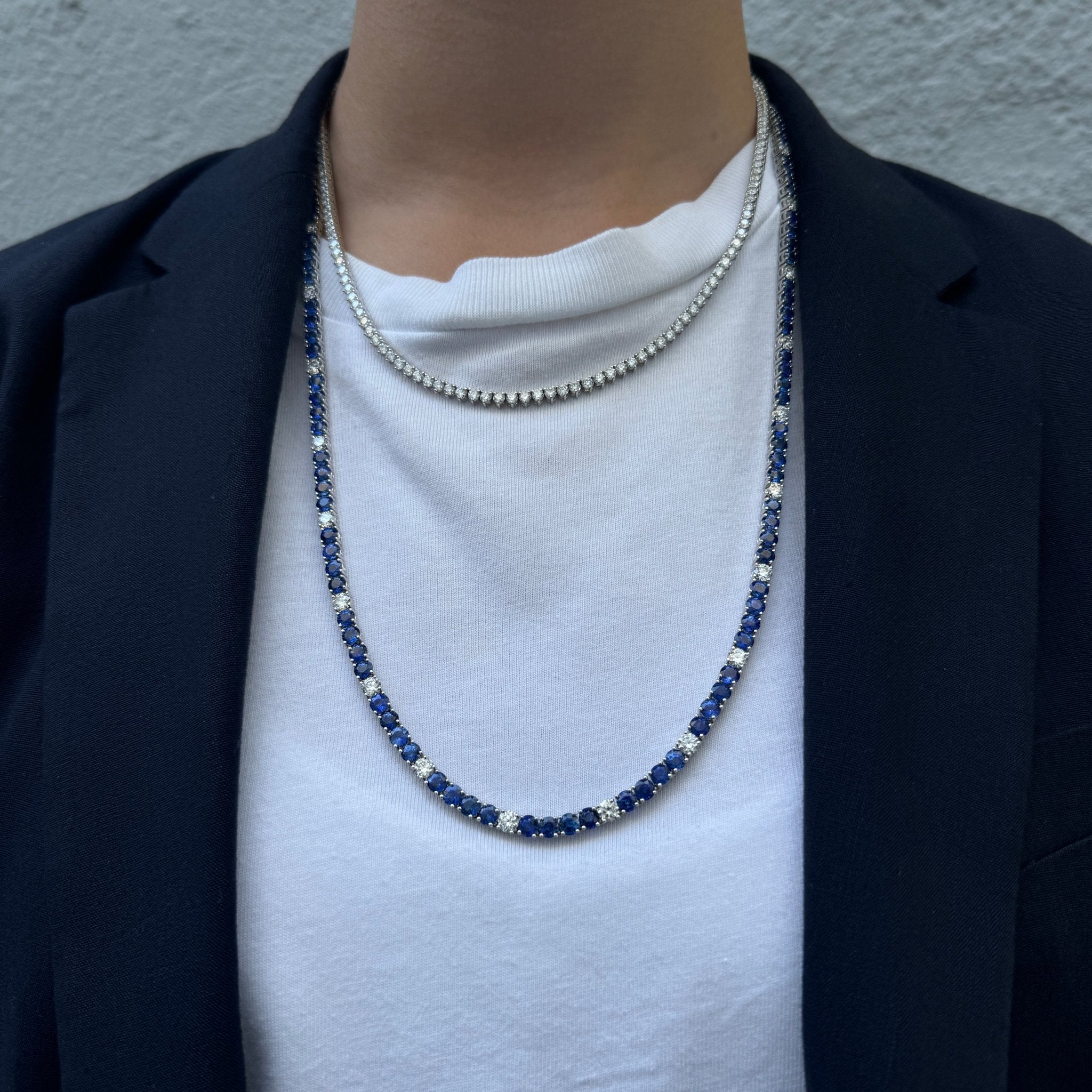 Blue Sapphire & Diamond 18K White Gold Tennis Necklace