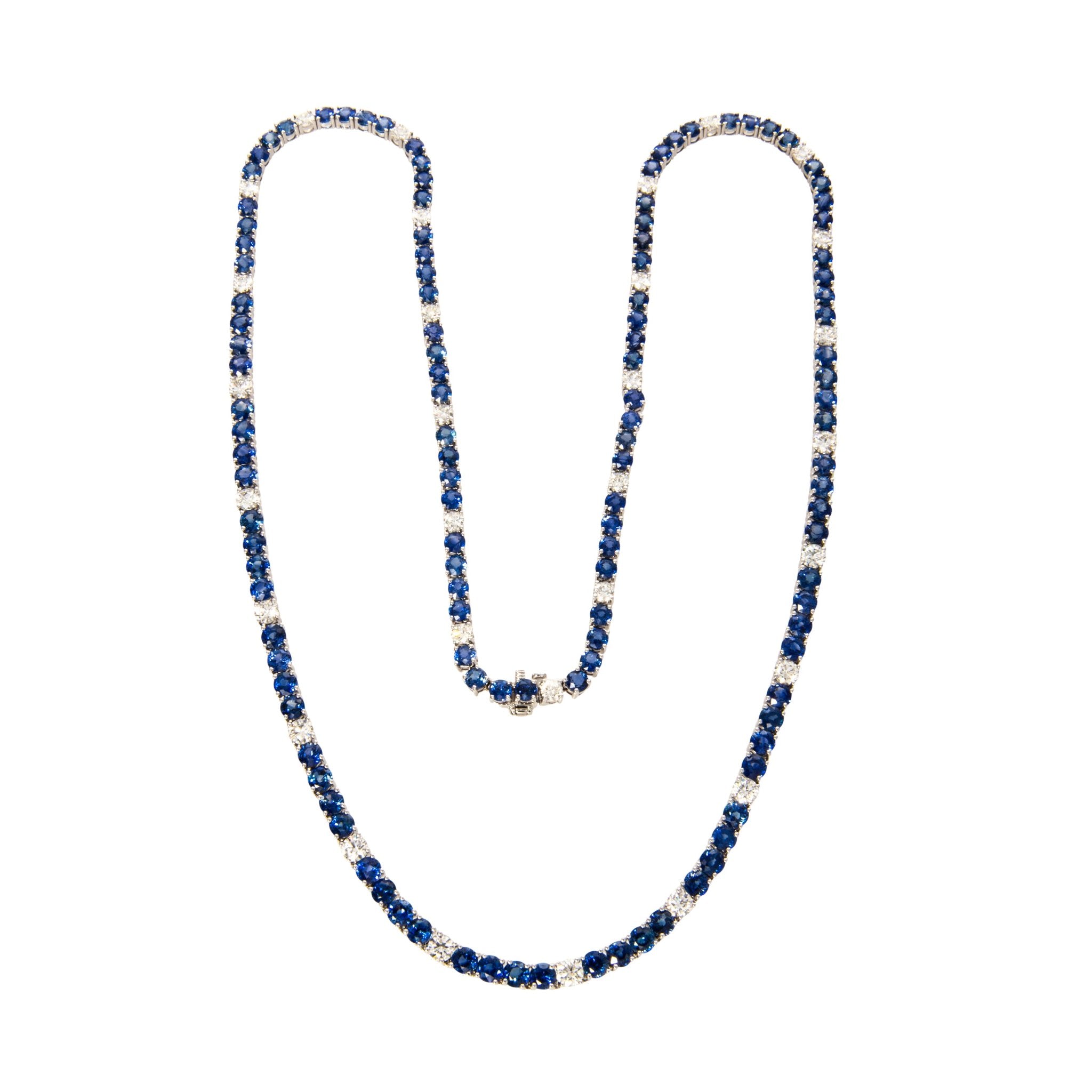 Blue Sapphire & Diamond 18K White Gold Tennis Necklace