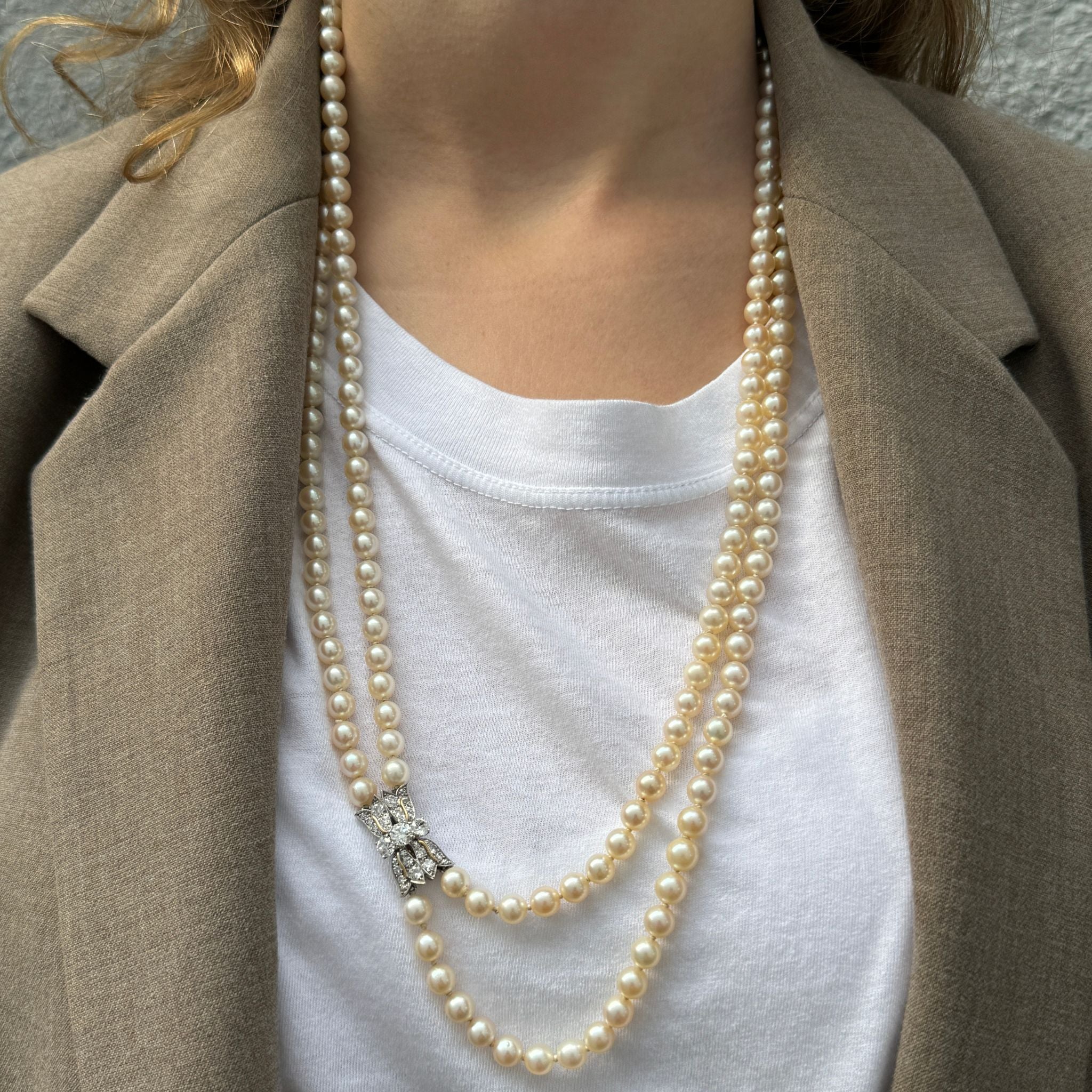 Estate 2-Strand Pearl & Diamond Clasp Necklace