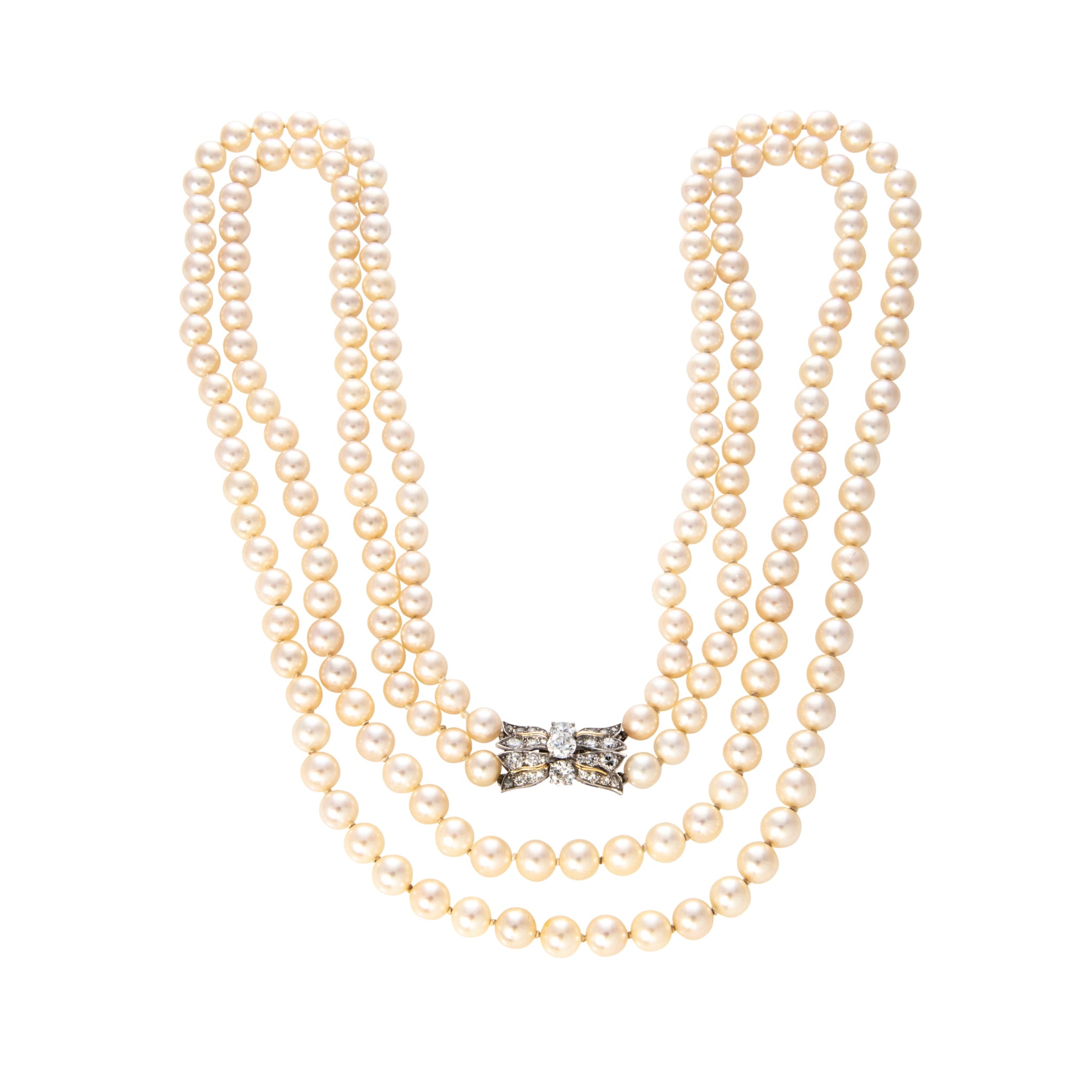 Estate 2-Strand Pearl & Diamond Clasp Necklace