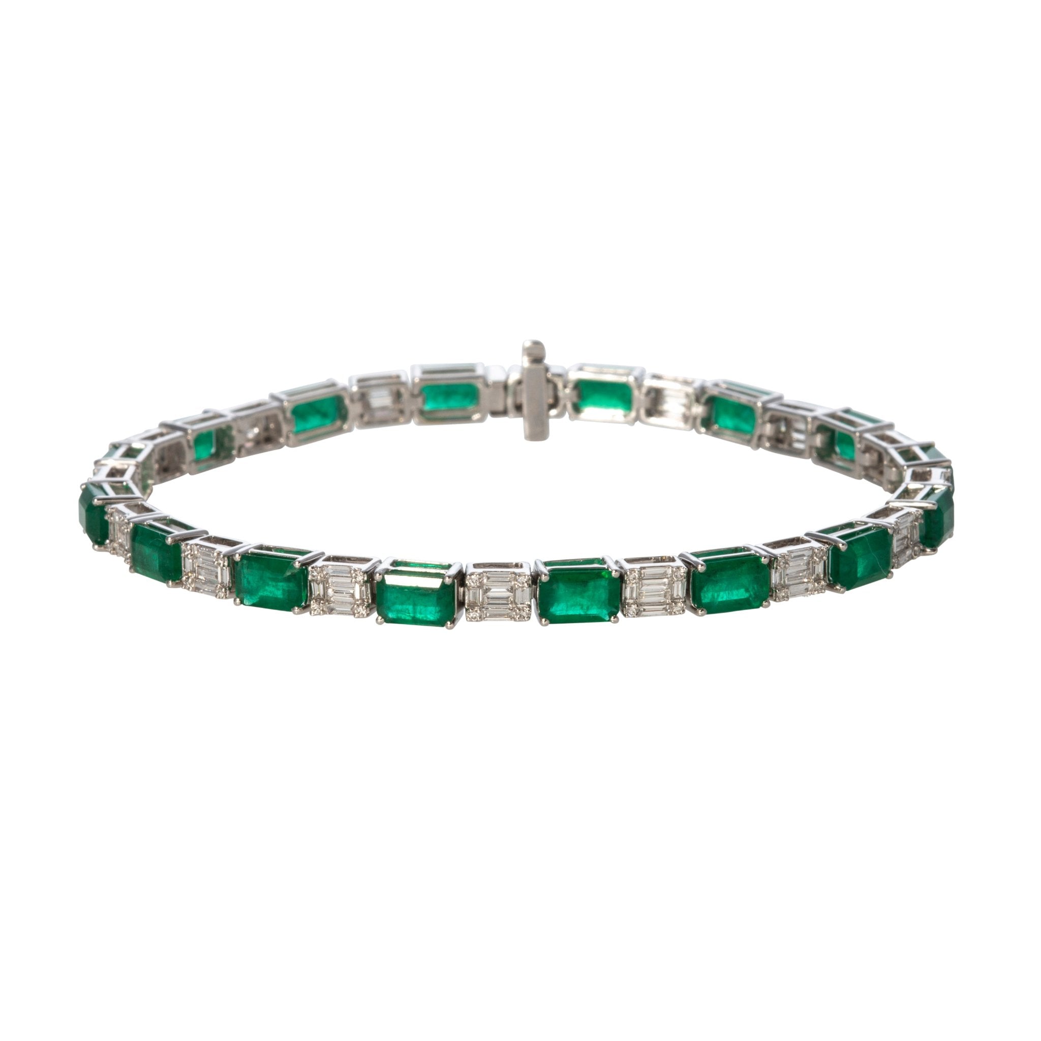 9.8ctw Emerald-Cut Emerald & 1.55ctw Illusion Diamond 18K Gold Bracelet