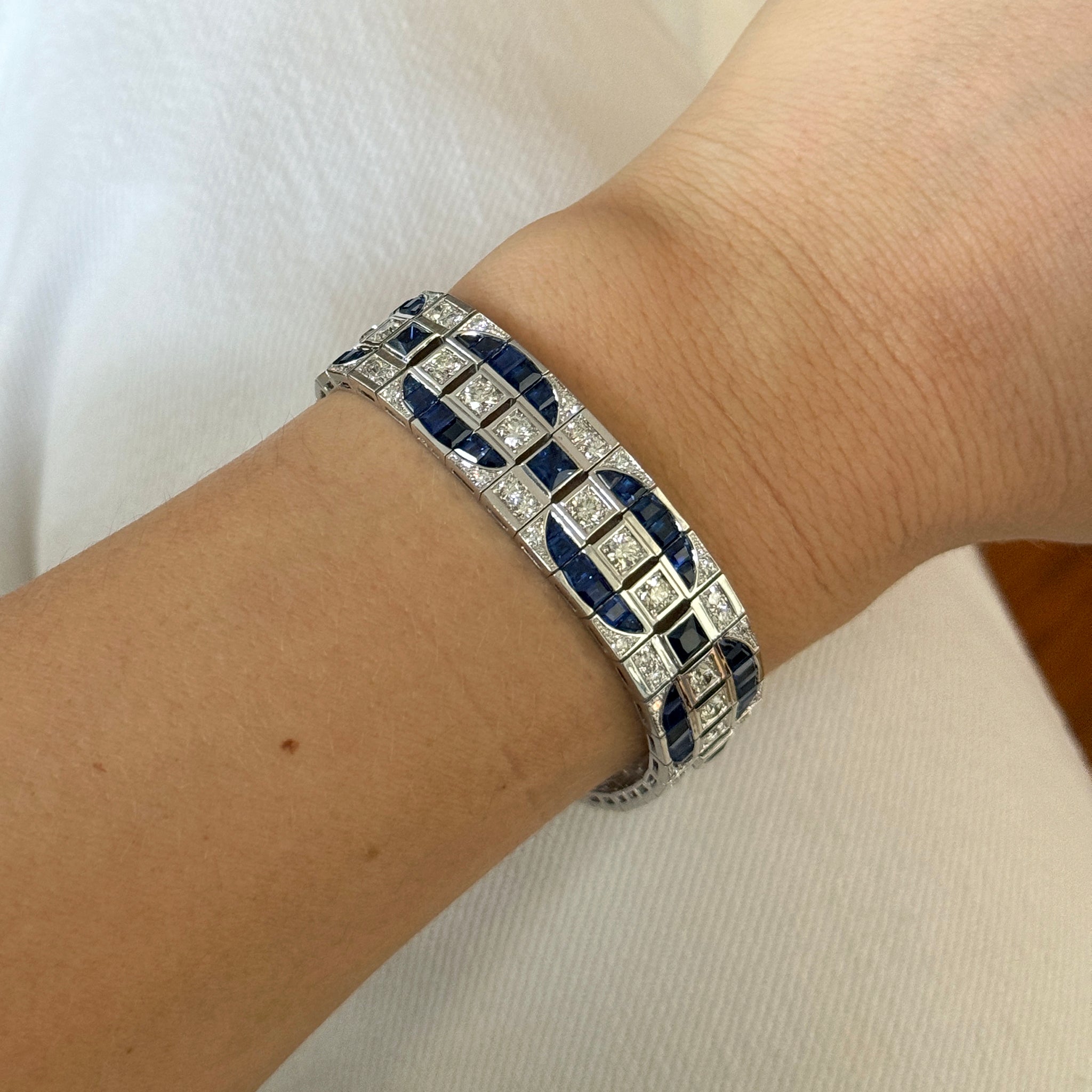 Art Deco Style Sapphire & Diamond 14K White Gold Bracelet