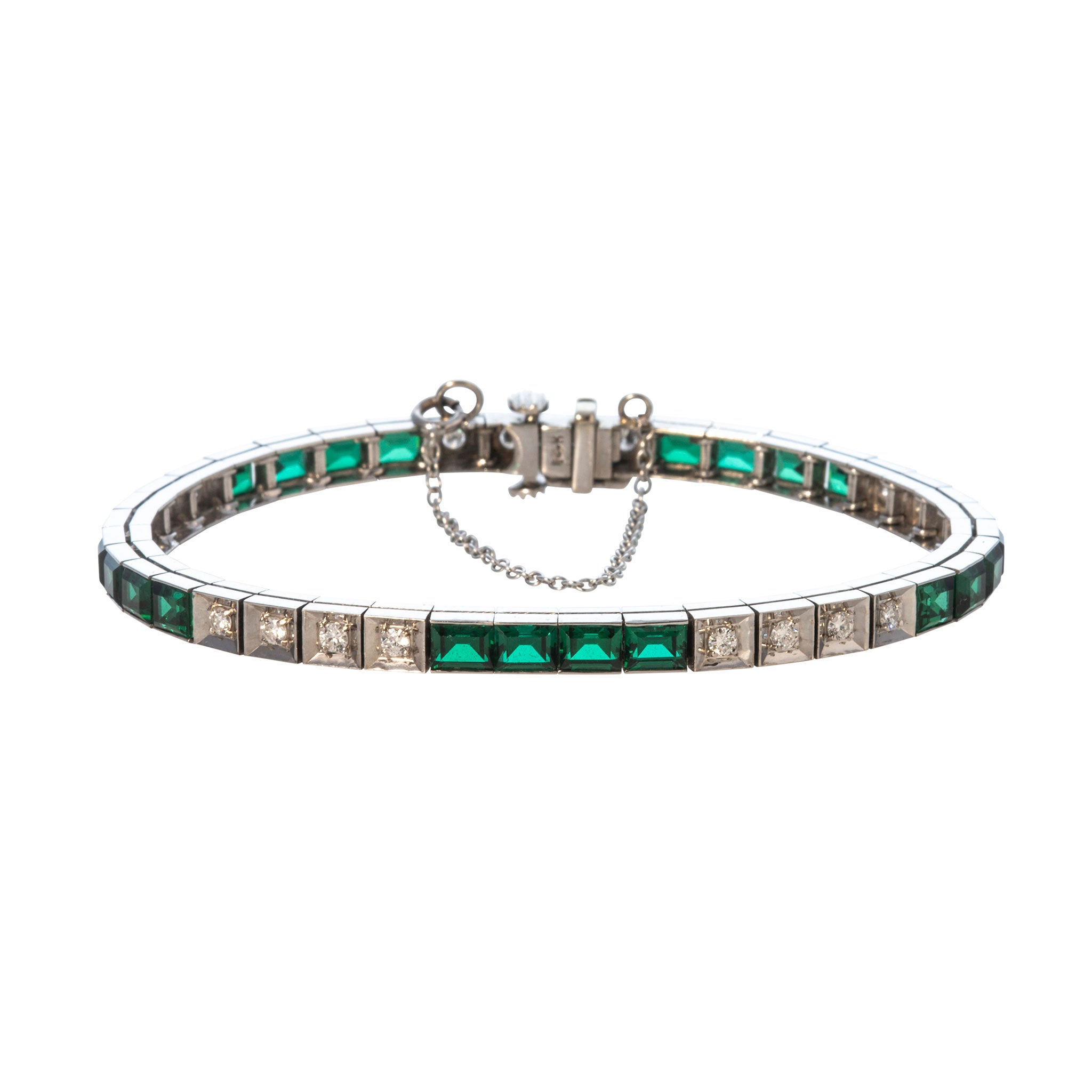 Art Deco Diamond & Green Crystal 14K White Gold Tennis Bracelet