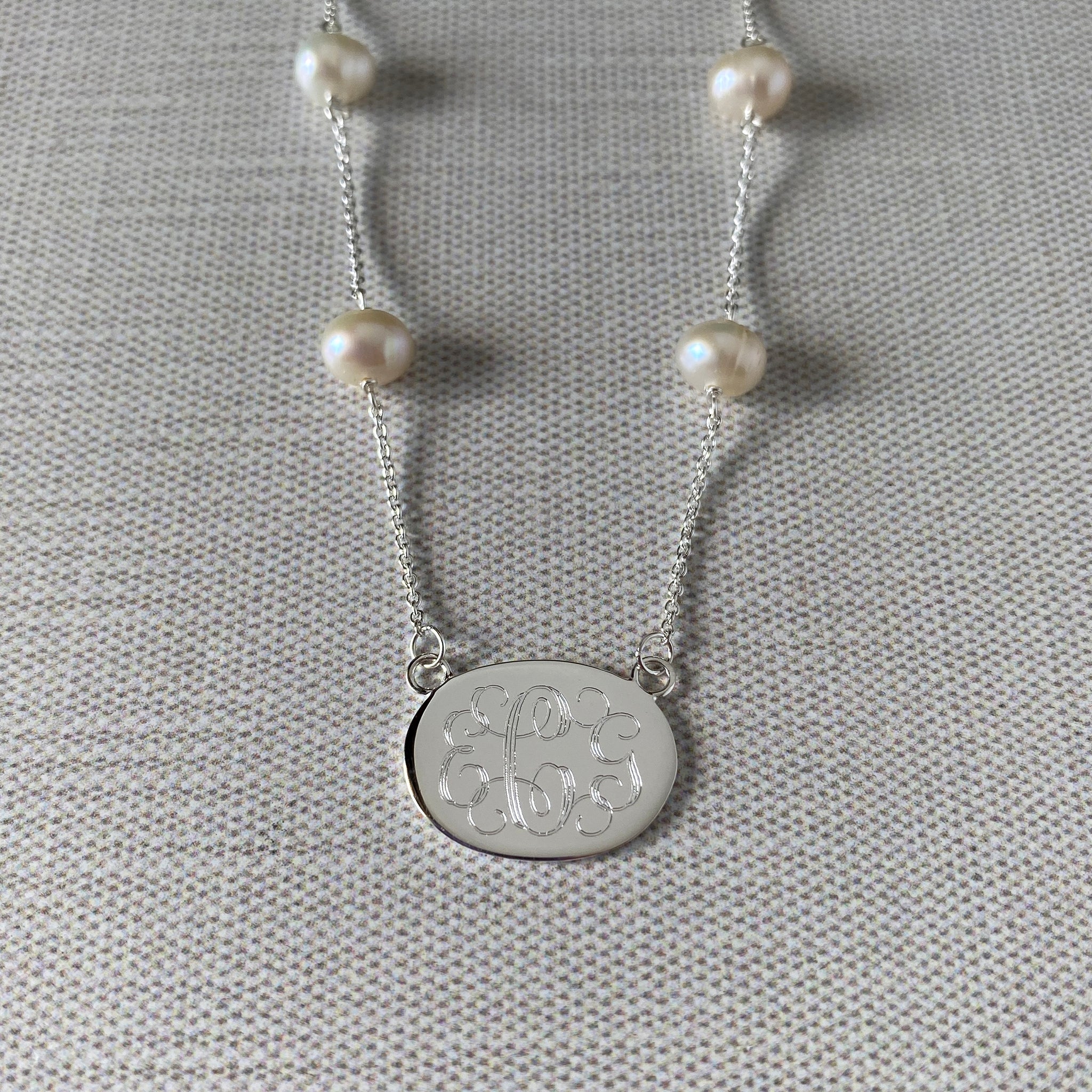 Sterling Silver ID Pendant & Pearl Necklace with machine engraved interlocking script monogram