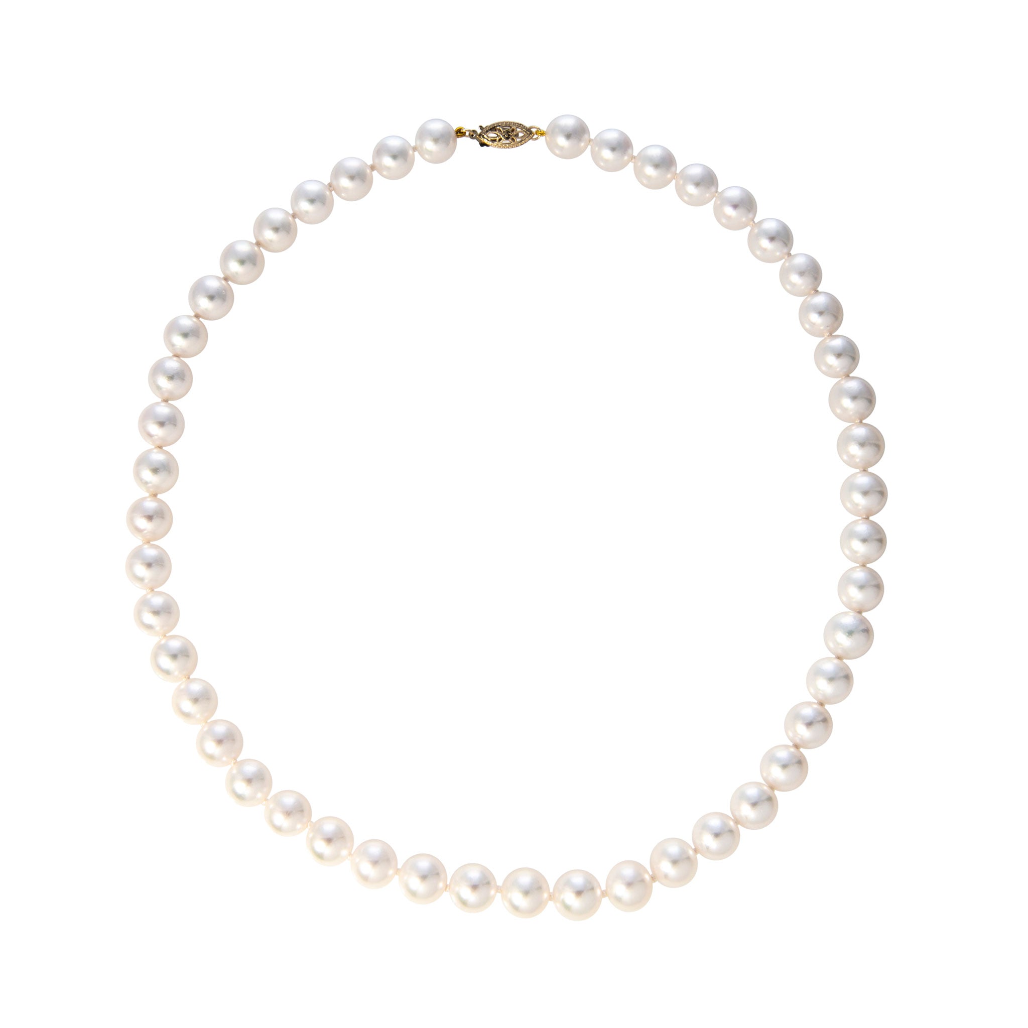 9mm Akoya Pearl Single Strand 14K Gold Filigree Clasp Necklace