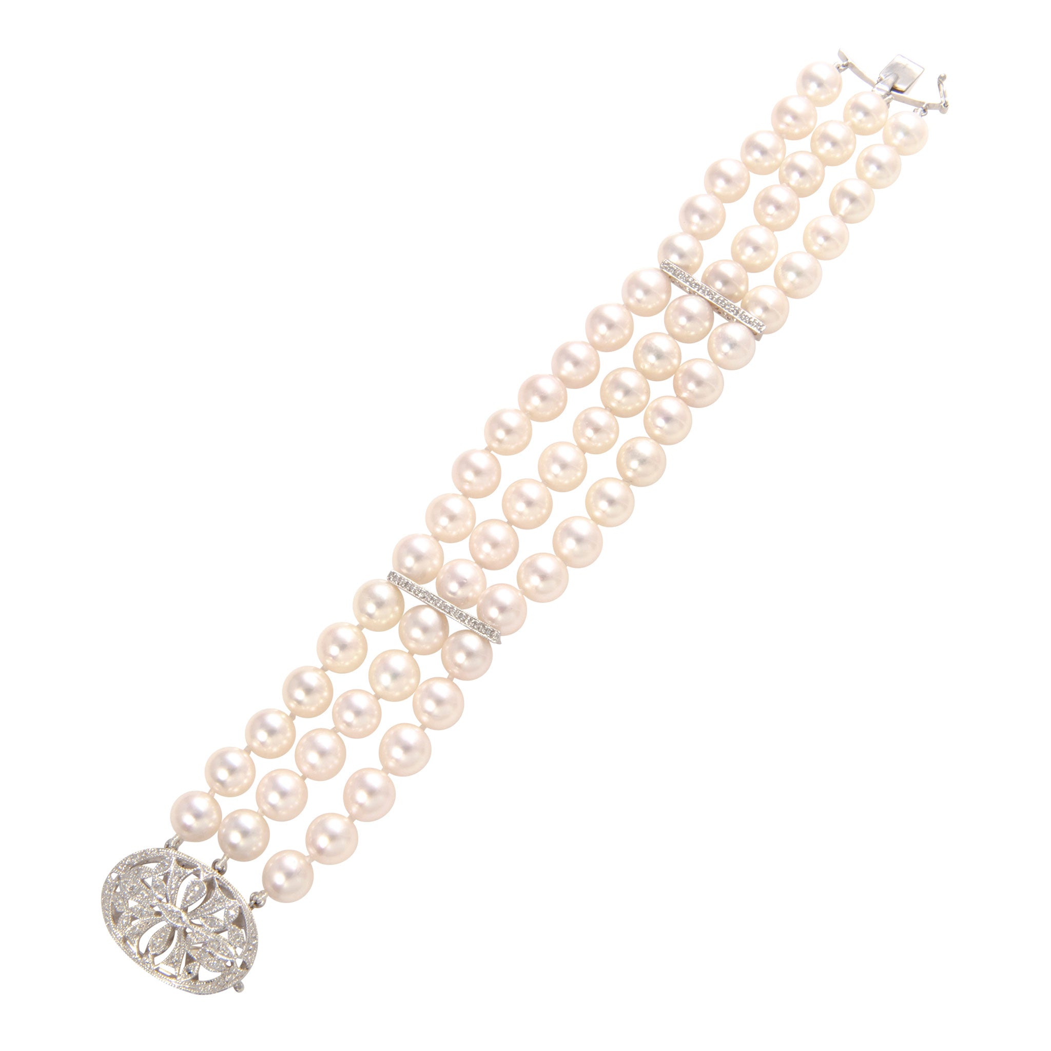 Three-Strand Akoya Pearl & Diamond Clasp 14K Gold Bracelet