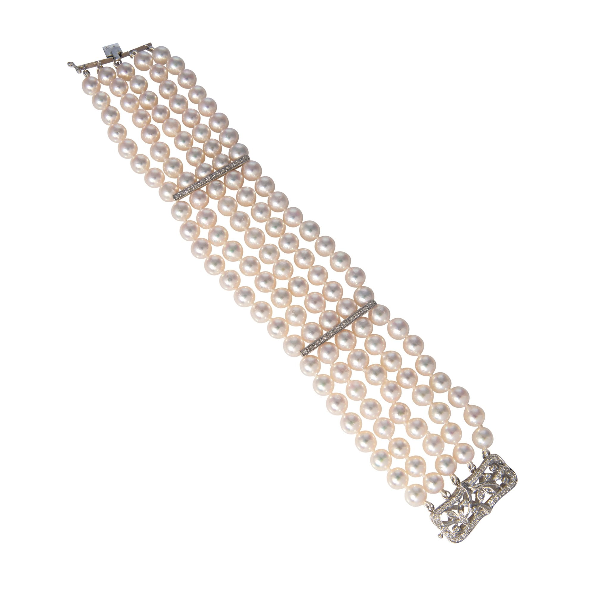 Five Strand Pearl & Diamond Clasp 14K White Gold Bracelet