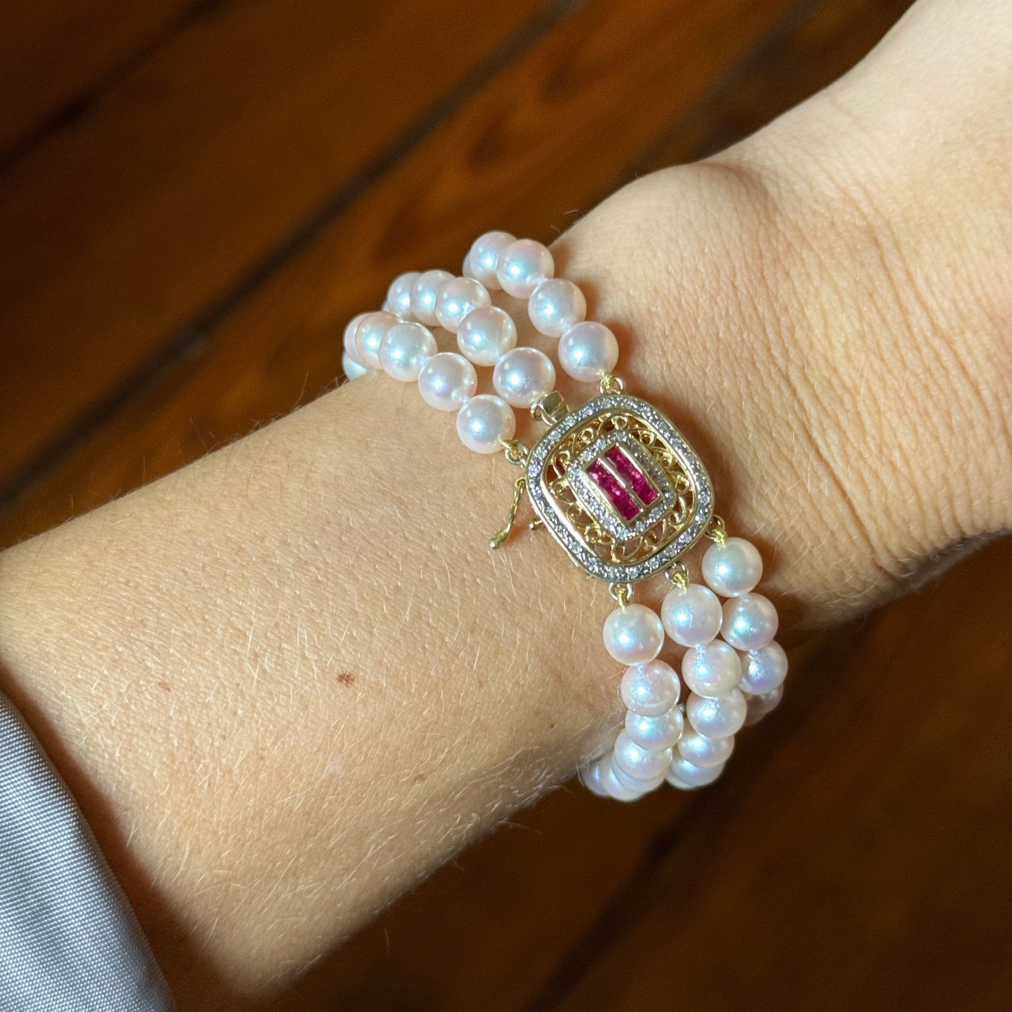 Triple-Strand Pearl, Ruby & Diamond Clasp 14K Gold Bracelet