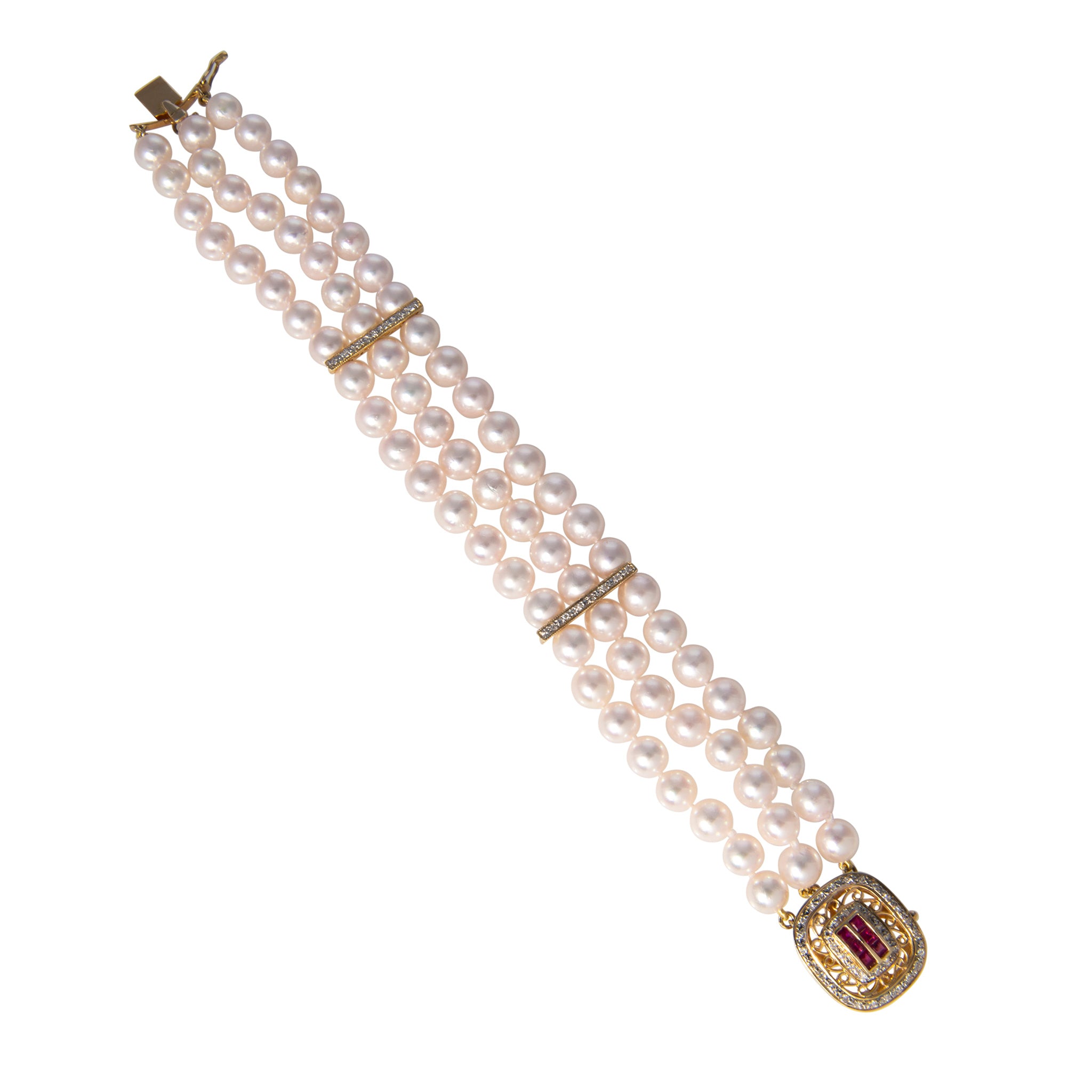 Triple-Strand Pearl, Ruby & Diamond Clasp 14K Gold Bracelet