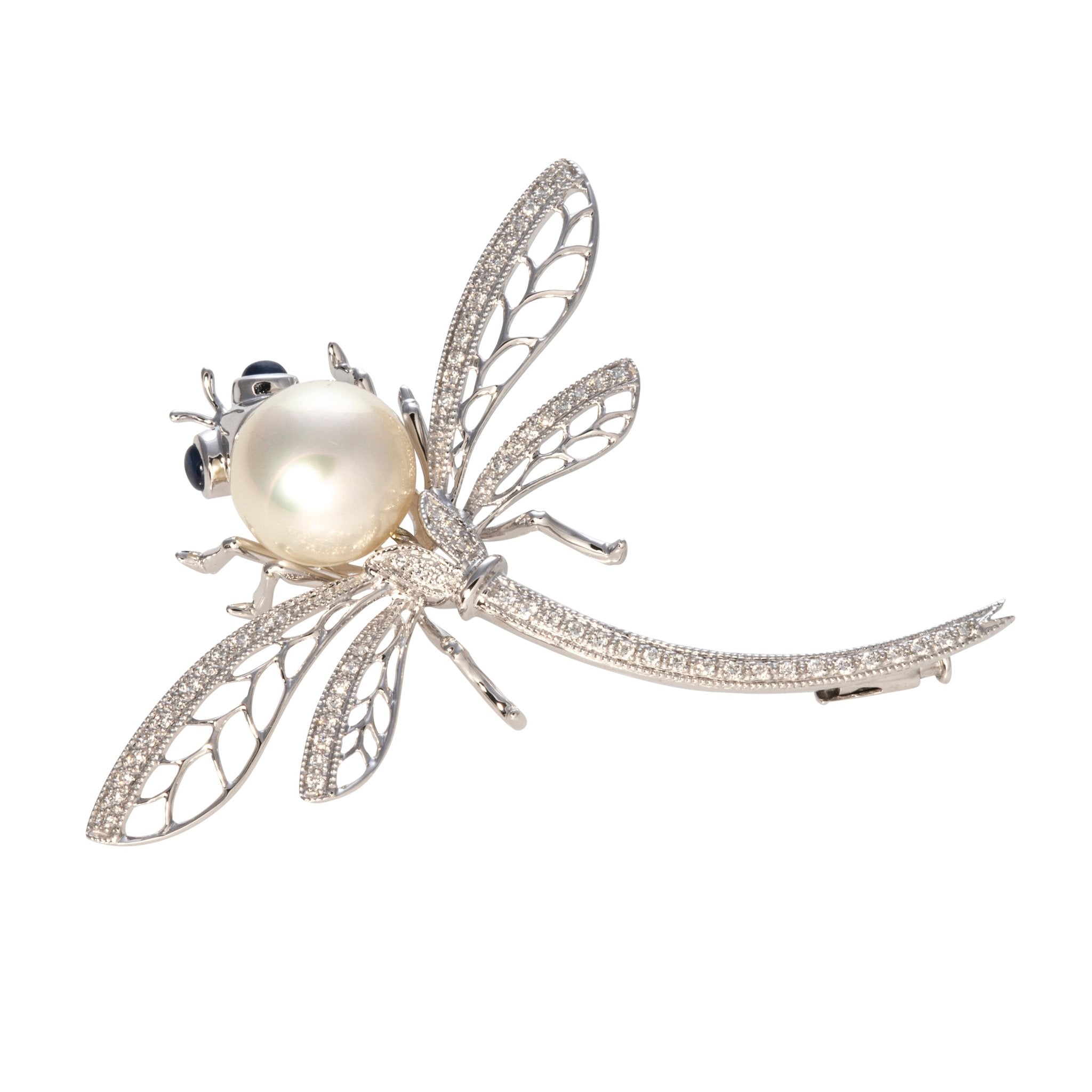 Pearl, Diamond & Sapphire 14K White Gold Dragonfly Pin