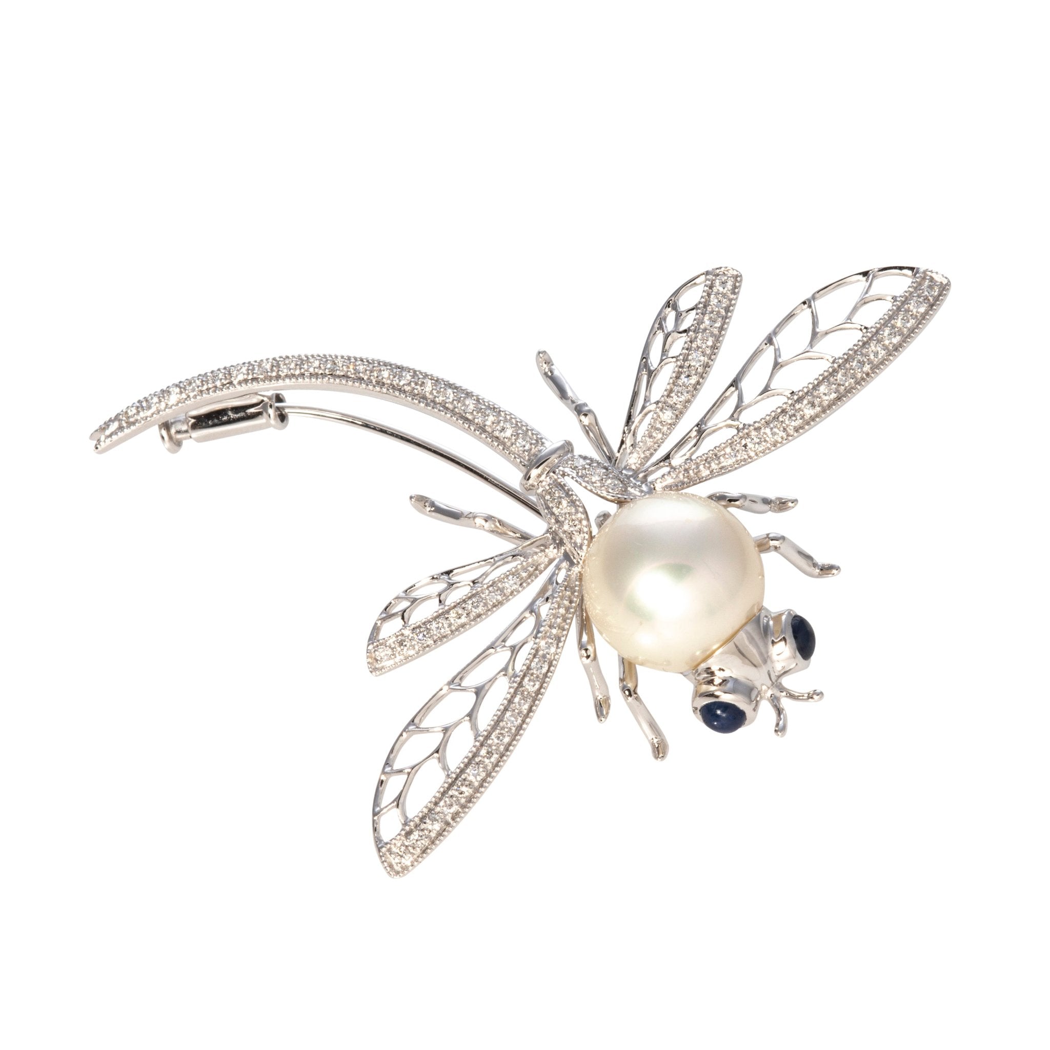 Pearl, Diamond & Sapphire 14K White Gold Dragonfly Pin