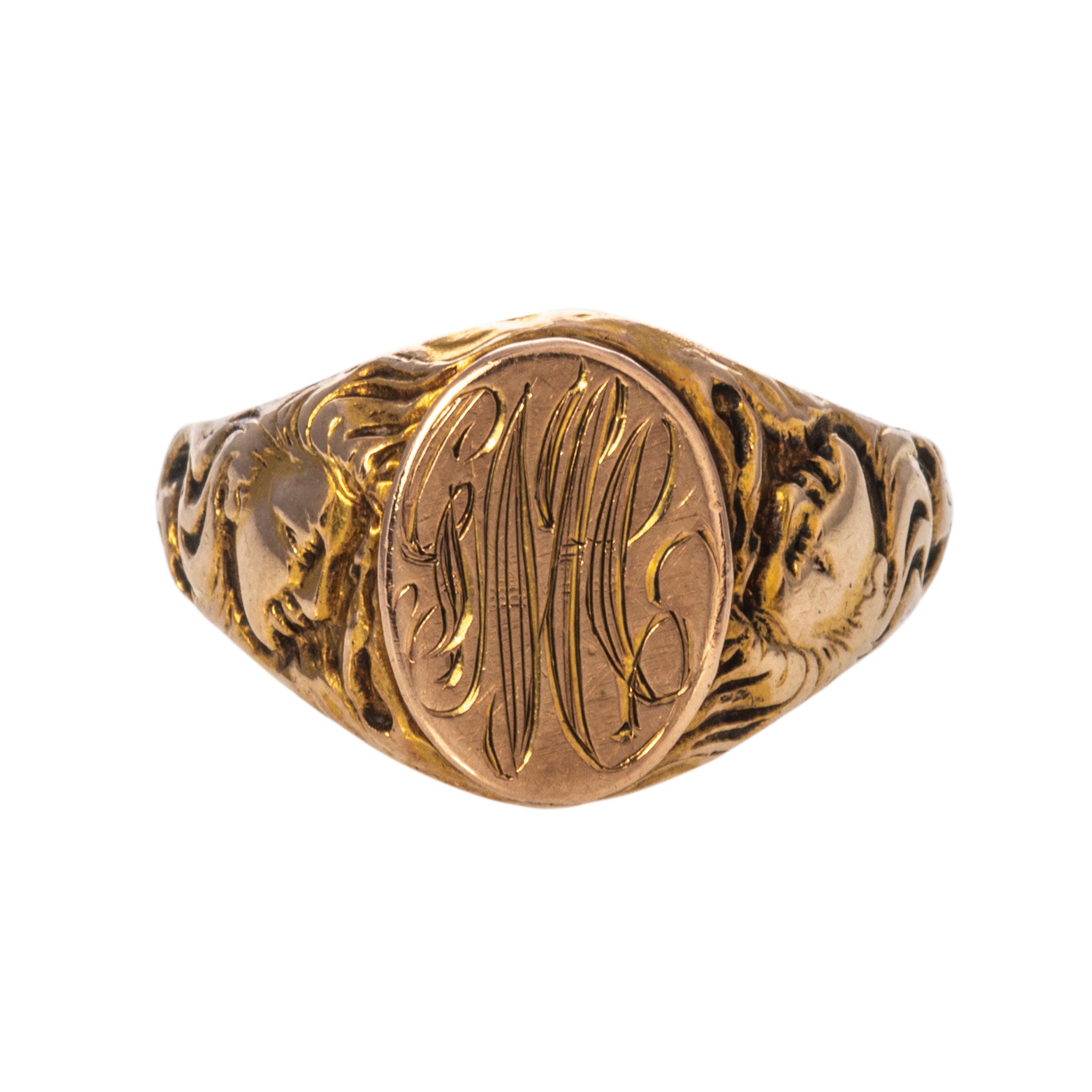 Art Nouveau 14K Yellow Gold Engraved Oval Signet Ring