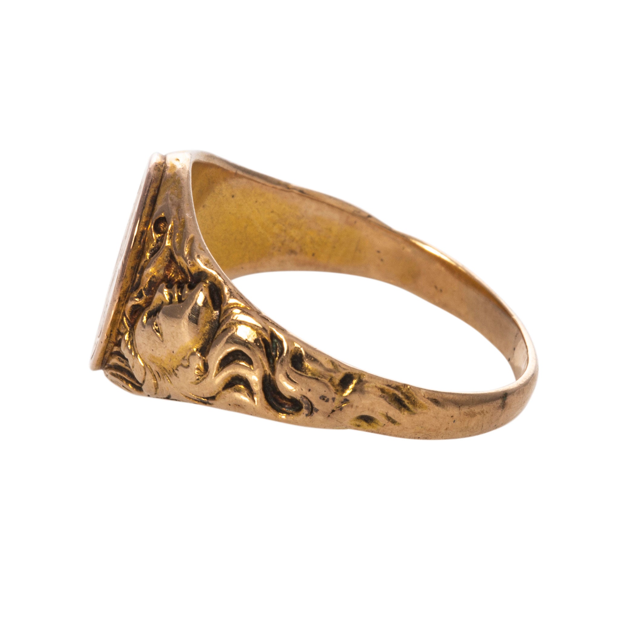 Art Nouveau 14K Yellow Gold Engraved Oval Signet Ring