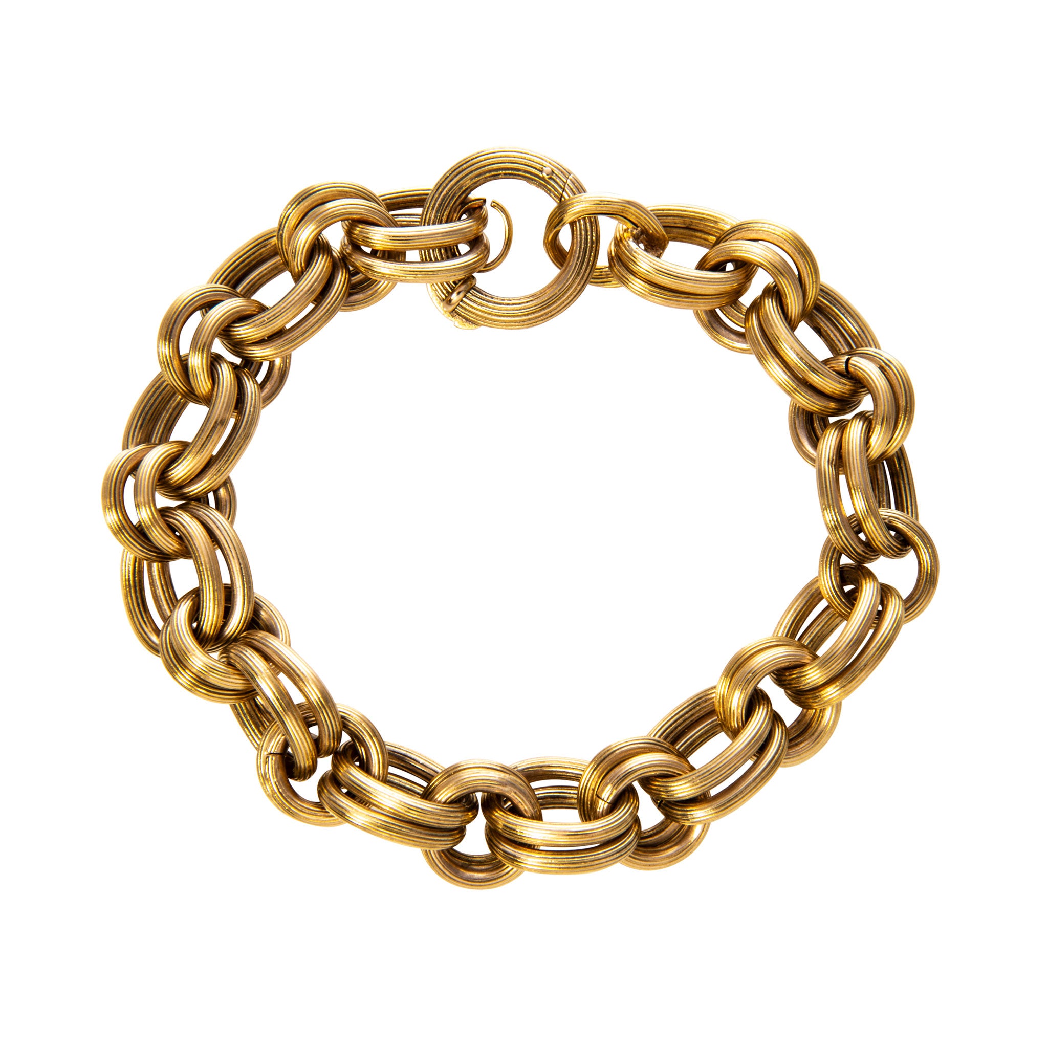 Estate Ribbed 14K Gold Round & Oval Double Link Bracelet