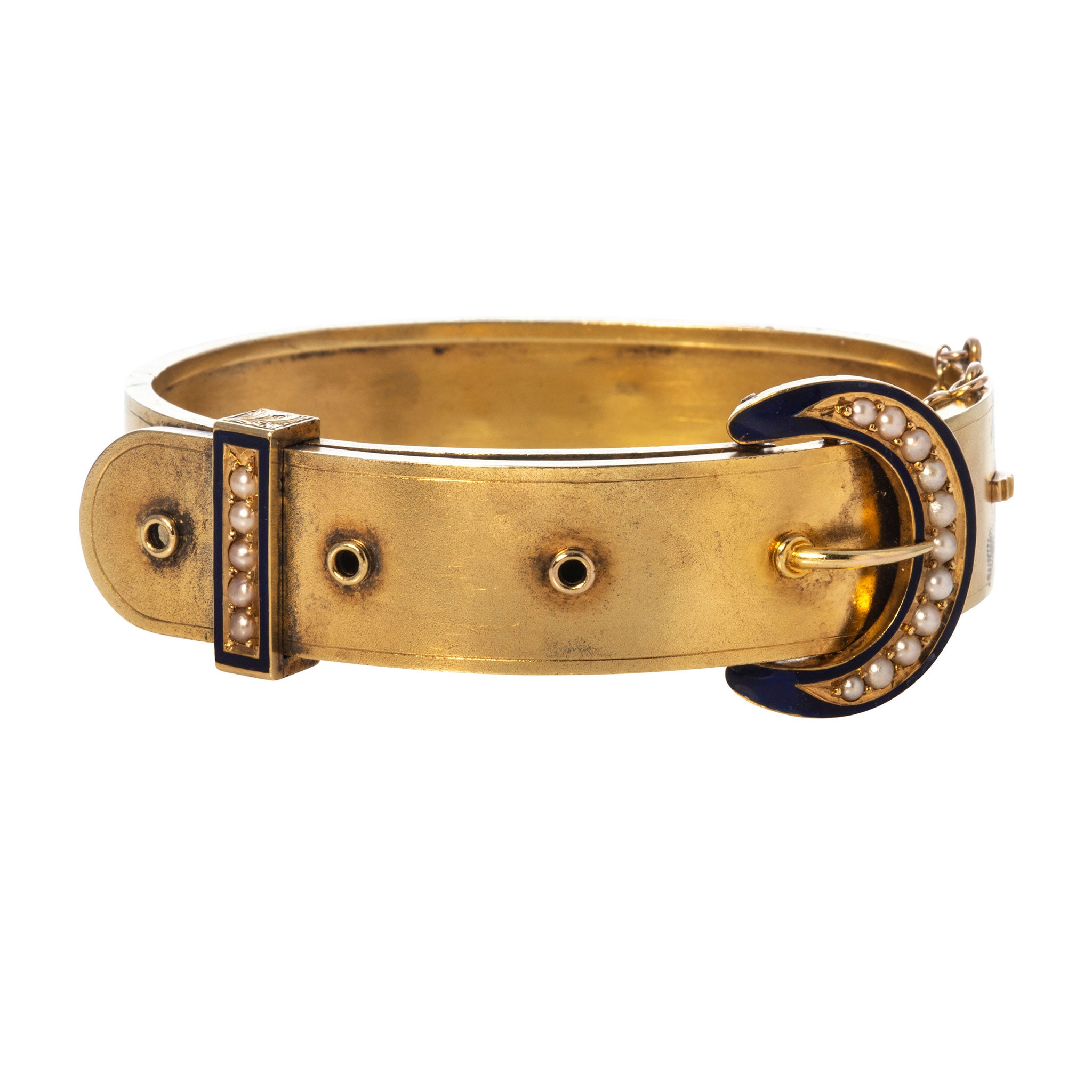 Victorian Seed Pearl & Enamel 14K Yellow Gold Buckle Bangle