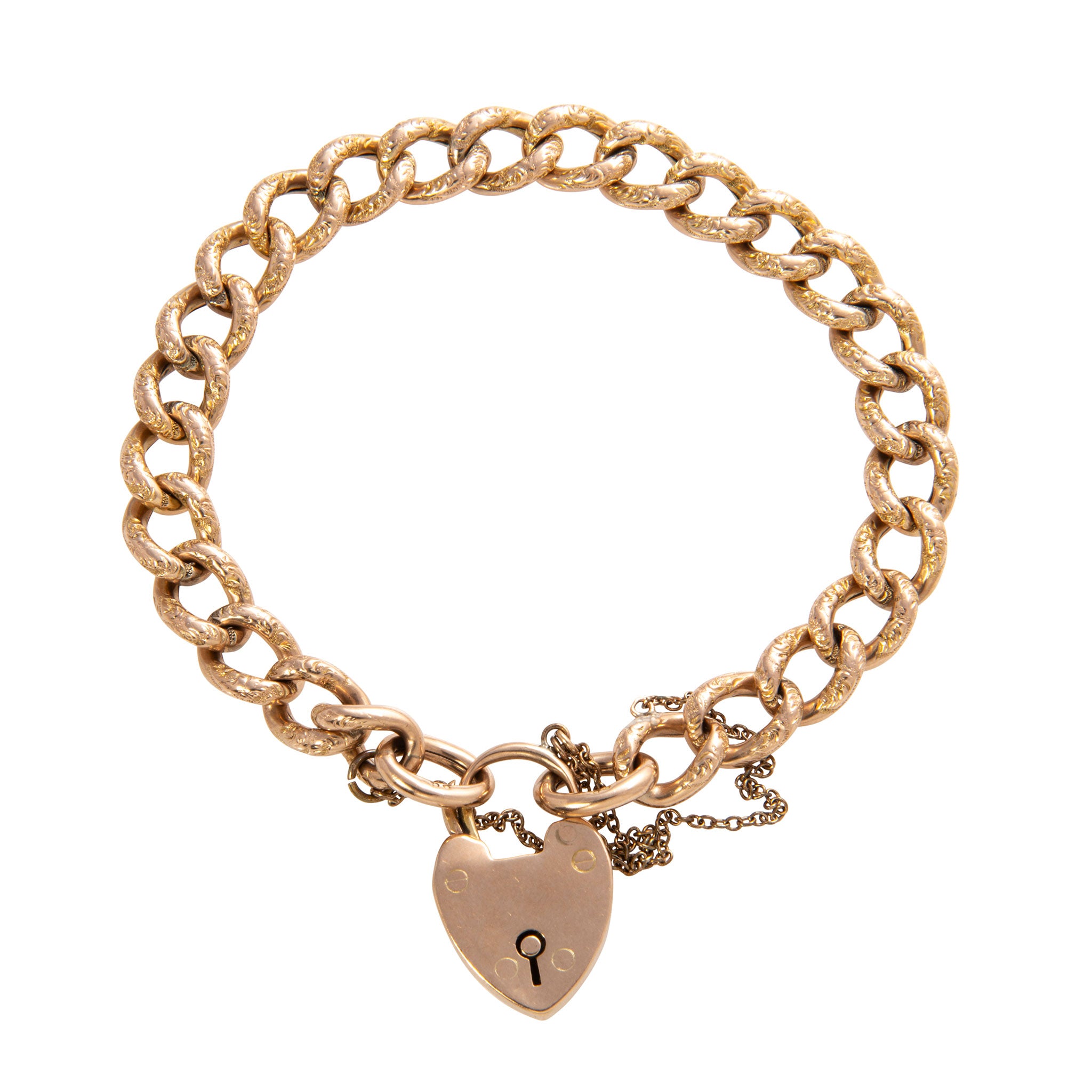 Victorian 9K Gold Heart Padlock Repoussé Curb Link Bracelet