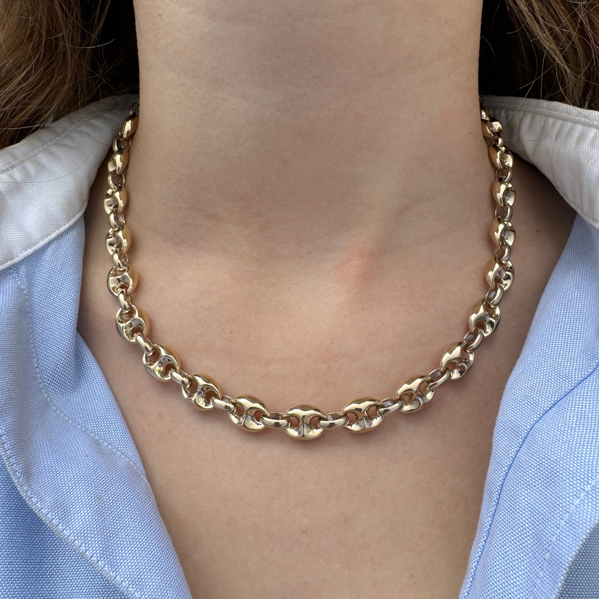 14K Yellow Gold Italian Puffy Mariner Link Chain Necklace