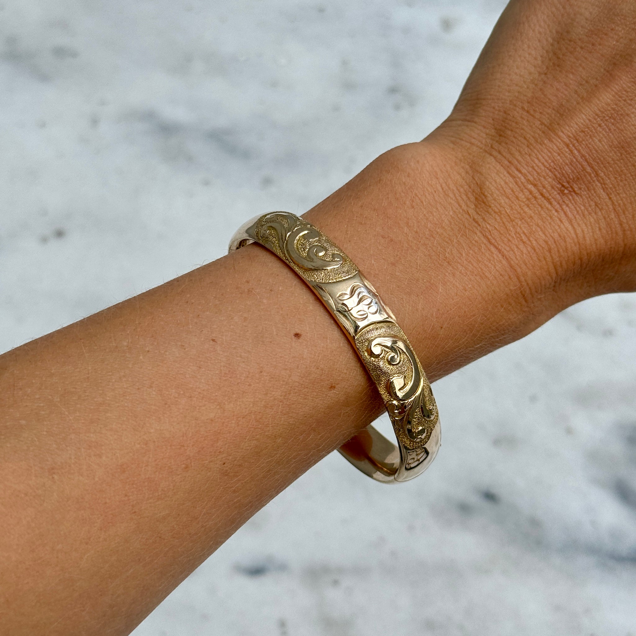 Vintage Engraved Repoussé Scroll Pattern Gold-Filled Bangle