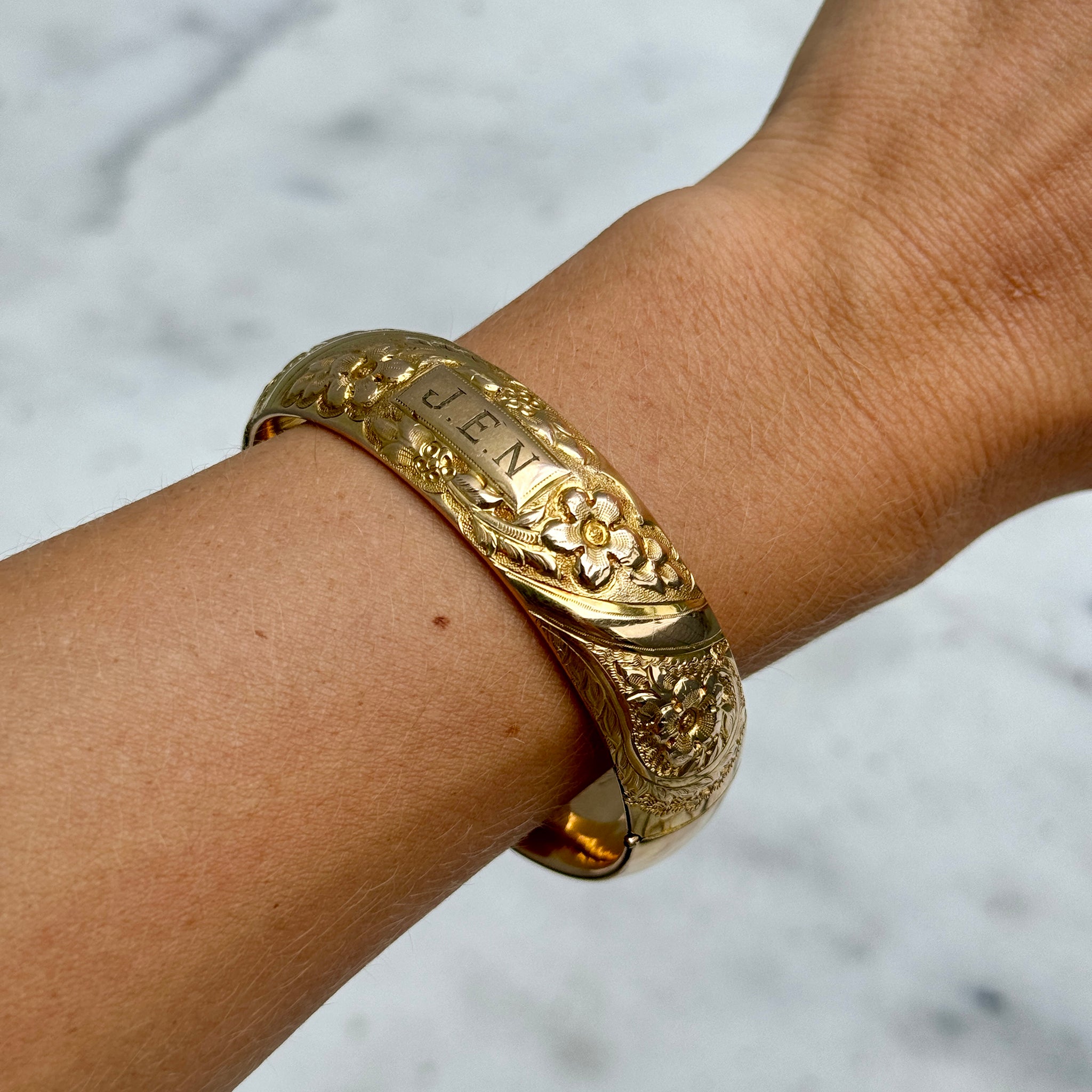 Vintage Engraved Repoussé Floral Pattern Gold-Filled Bangle