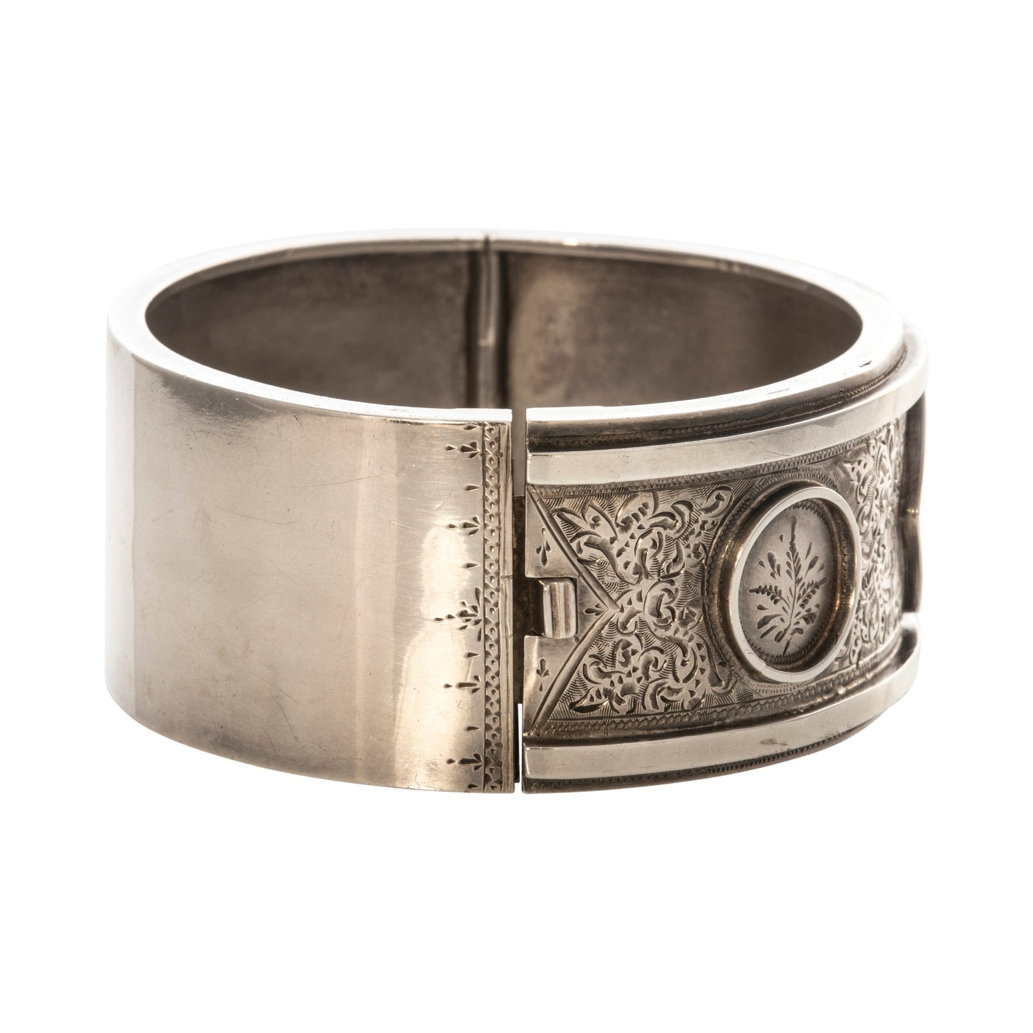 Victorian Engraved Medallion Sterling Silver Bangle