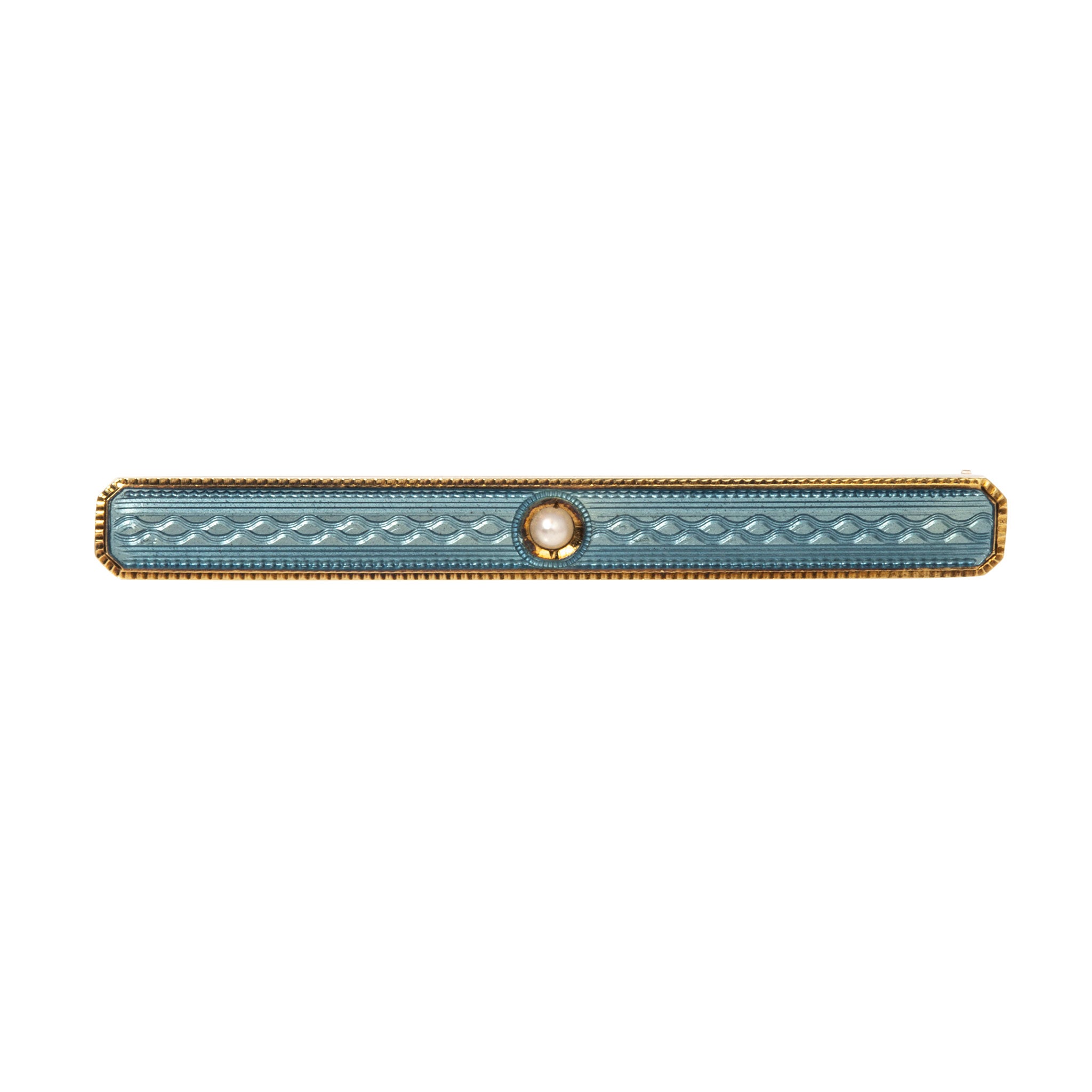 Victorian Blue Enamel Guilloché Seed Pearl 14K Gold Bar Pin